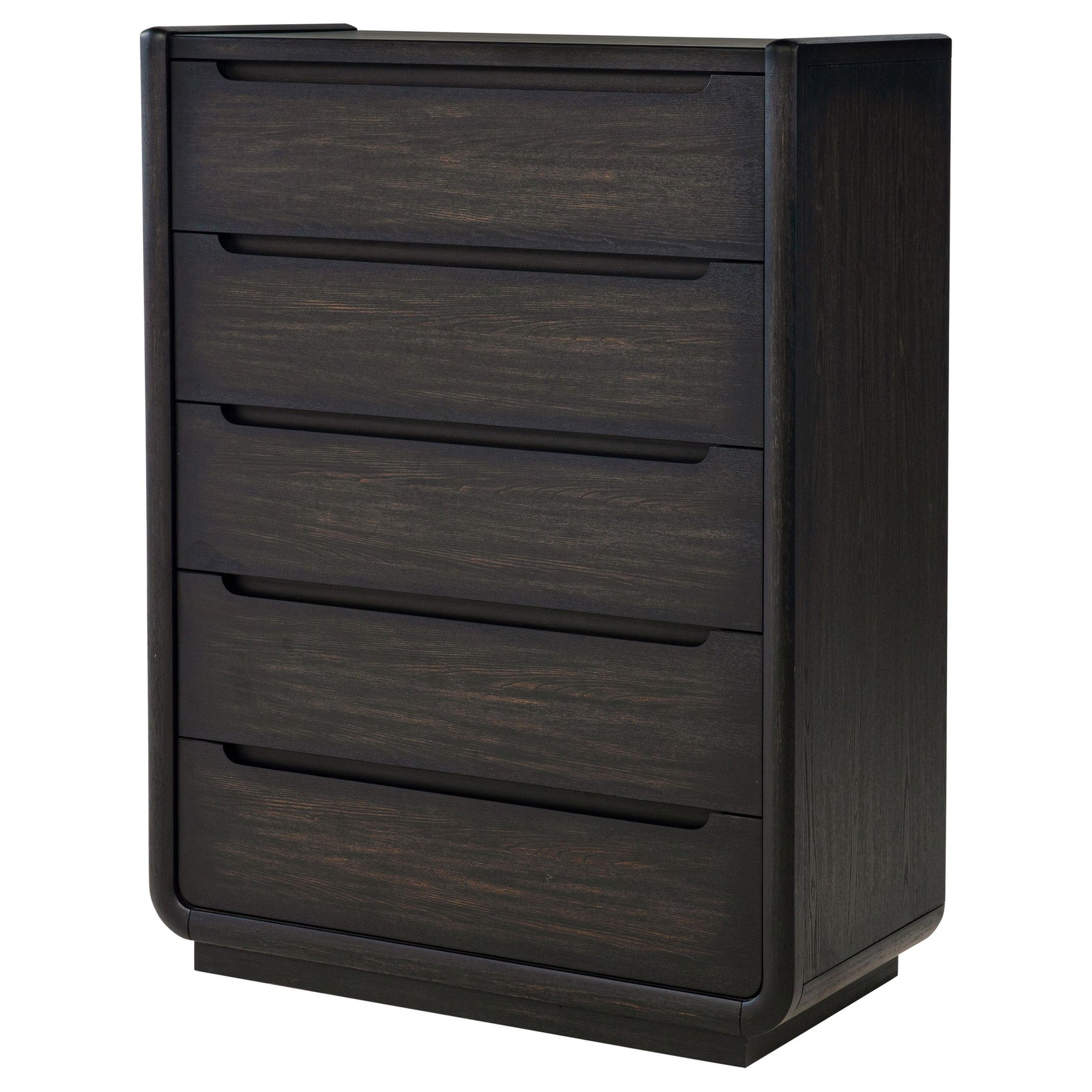 Detailed view of burnished black recessed drawer pulls