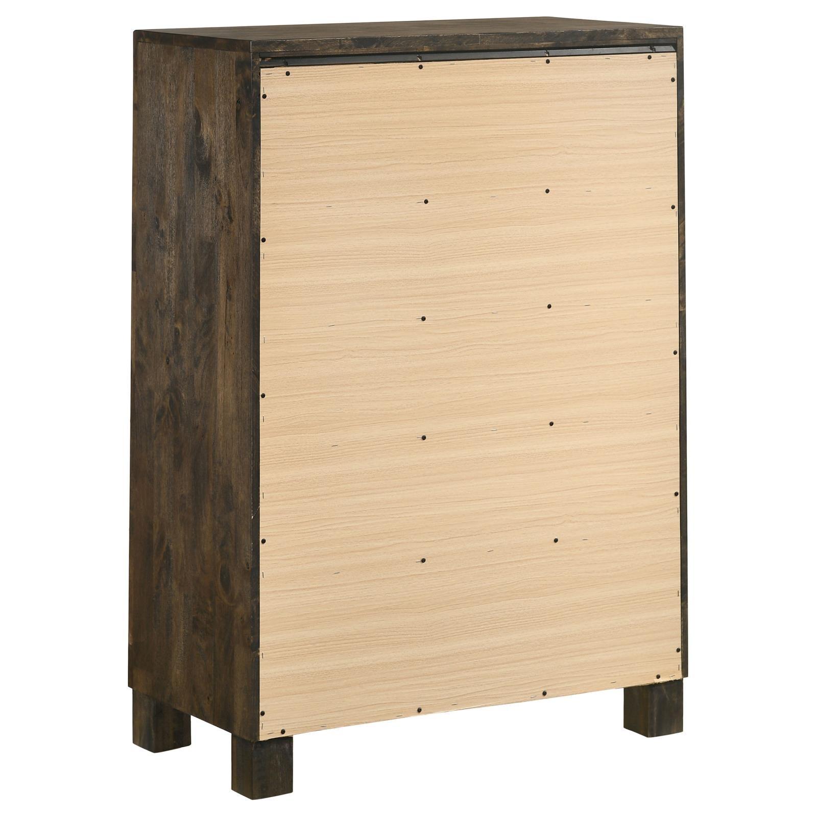 Woodmont 5-drawer chest rustic golden brown top surface and handle detail