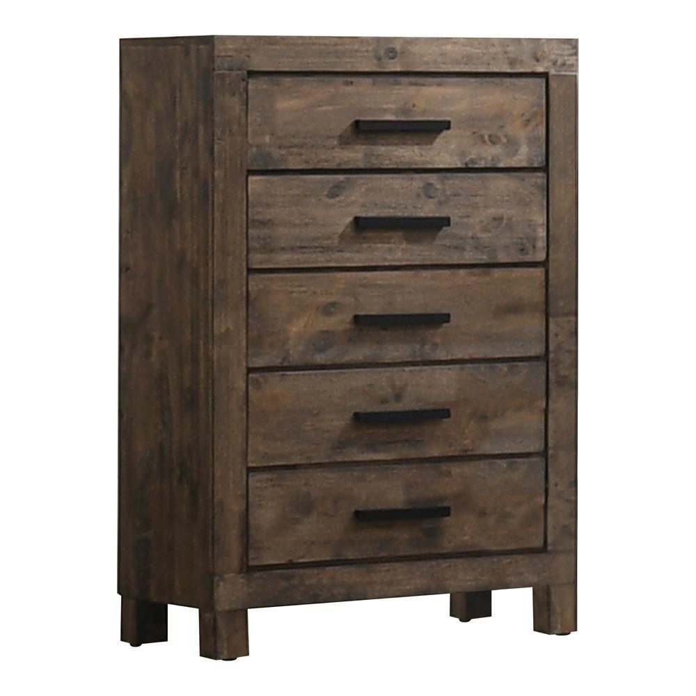 Woodmont 5-drawer chest rustic golden brown angled side view