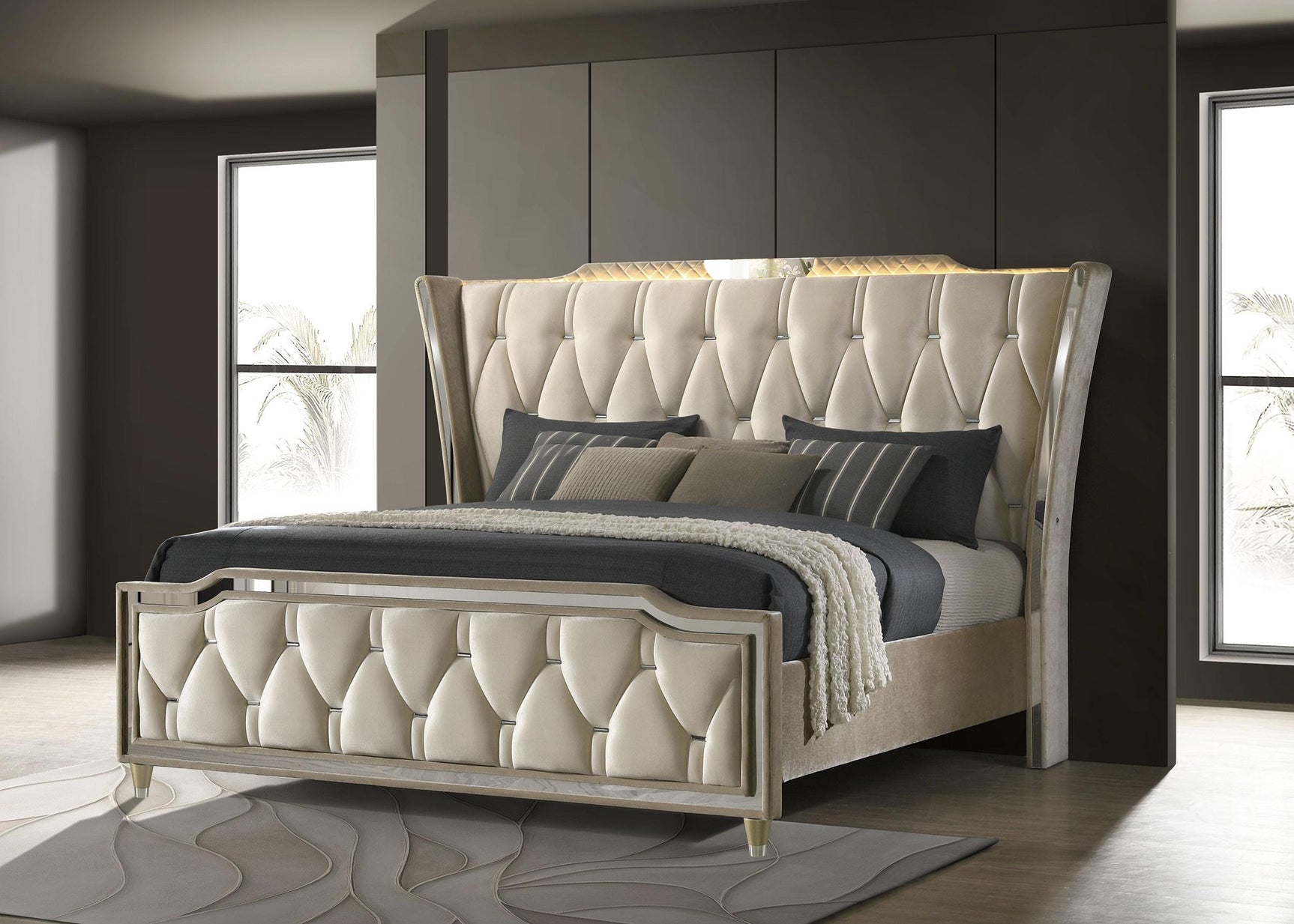 Side angle of Lorient Eastern King LED Upholstered Bed with LED lighting detail