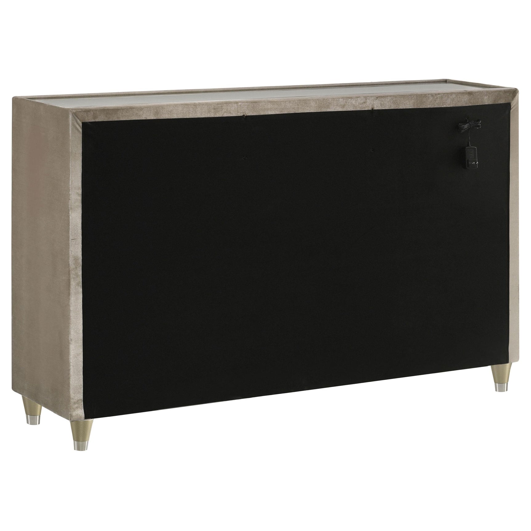 Side profile of Lorient dresser showing acrylic legs and velvet finish