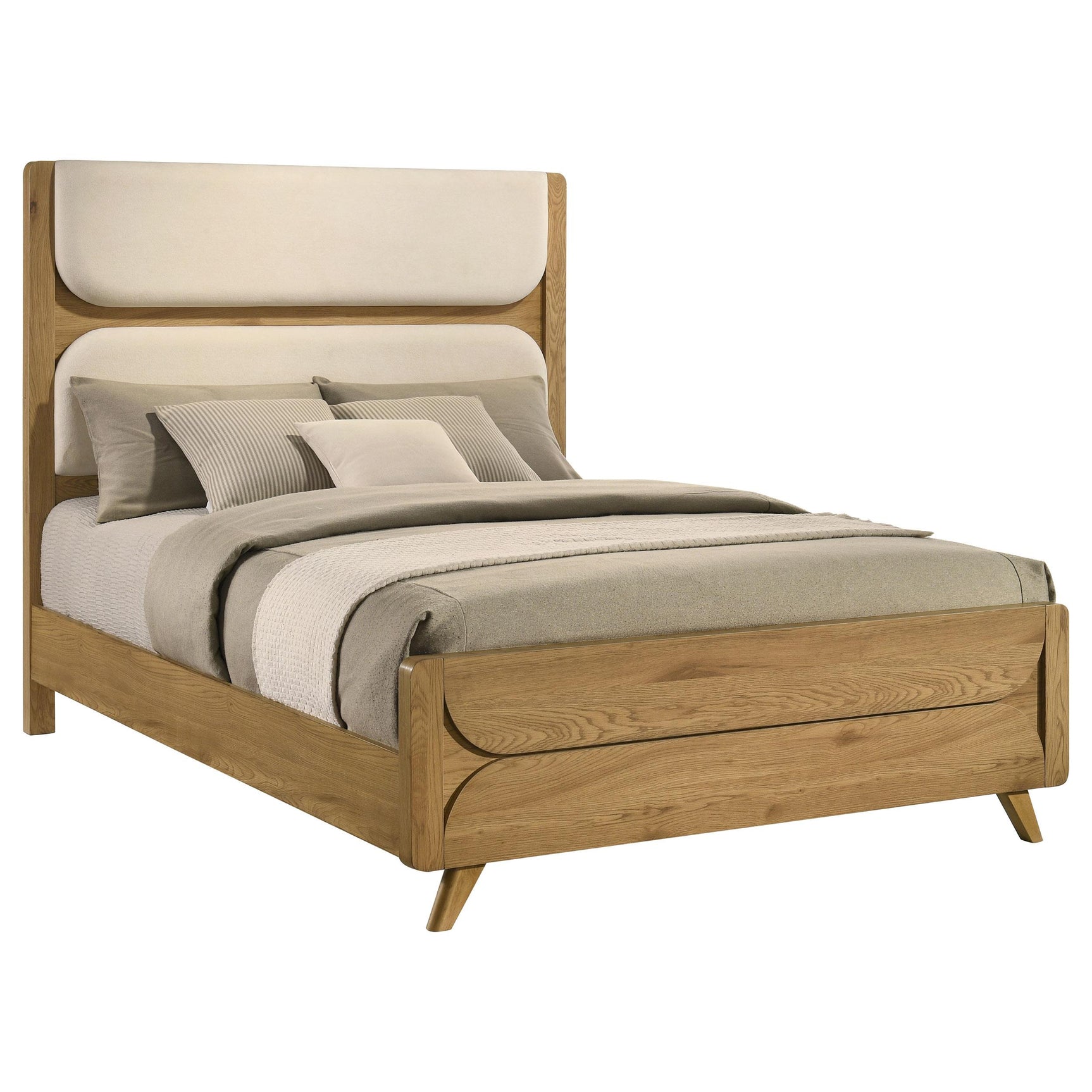 Bennett 62-inch queen upholstered panel bed in cream with light oak frame, front view