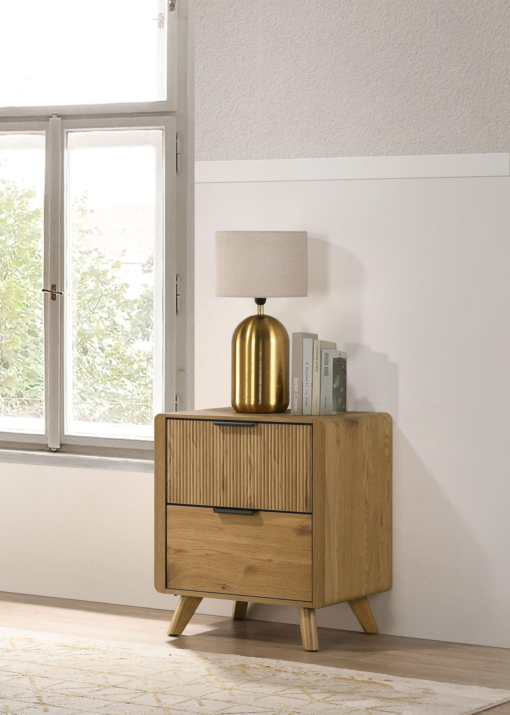 Bennett nightstand close-up of vertical reeding drawer
