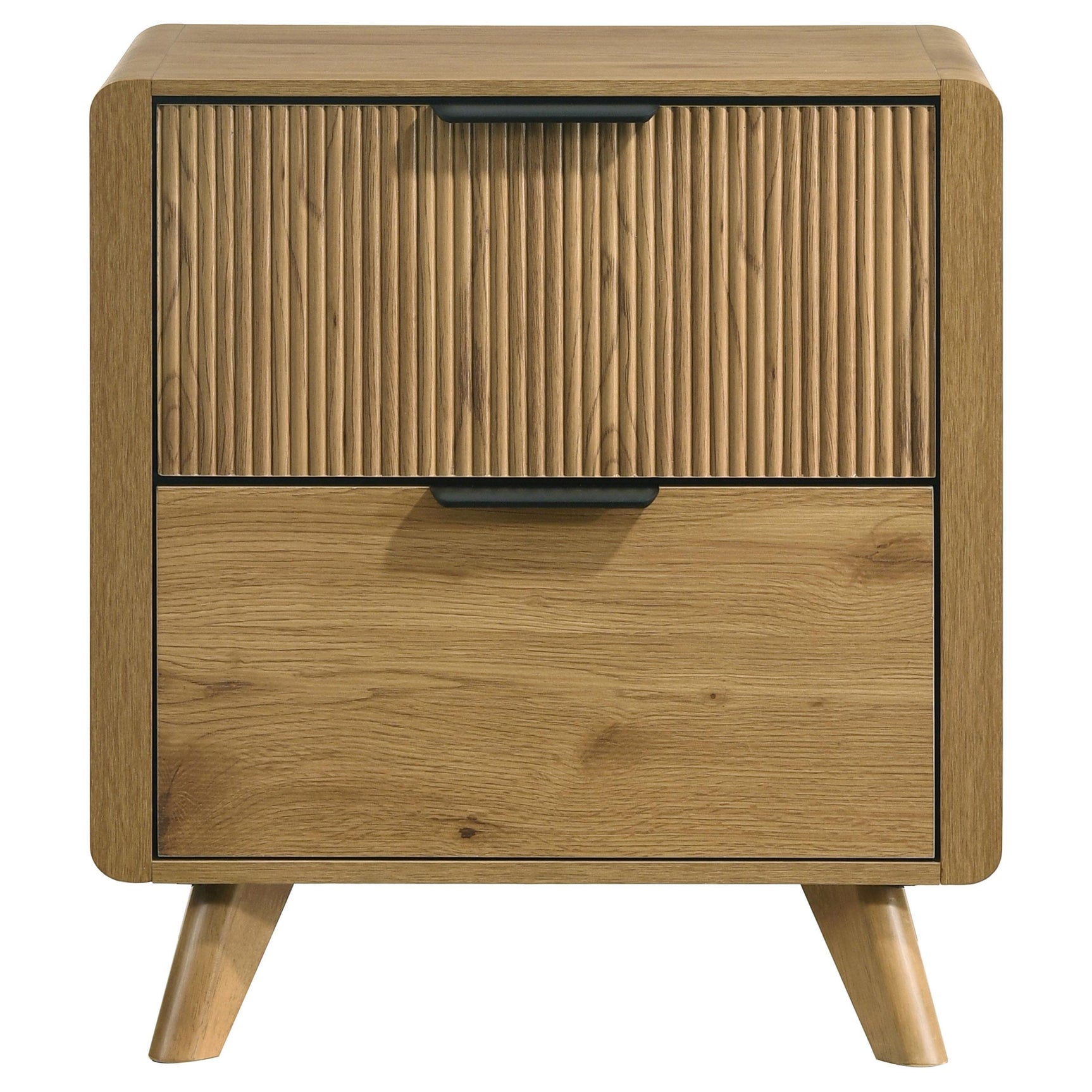 Side angle of Bennett light oak nightstand showing rubberwood legs