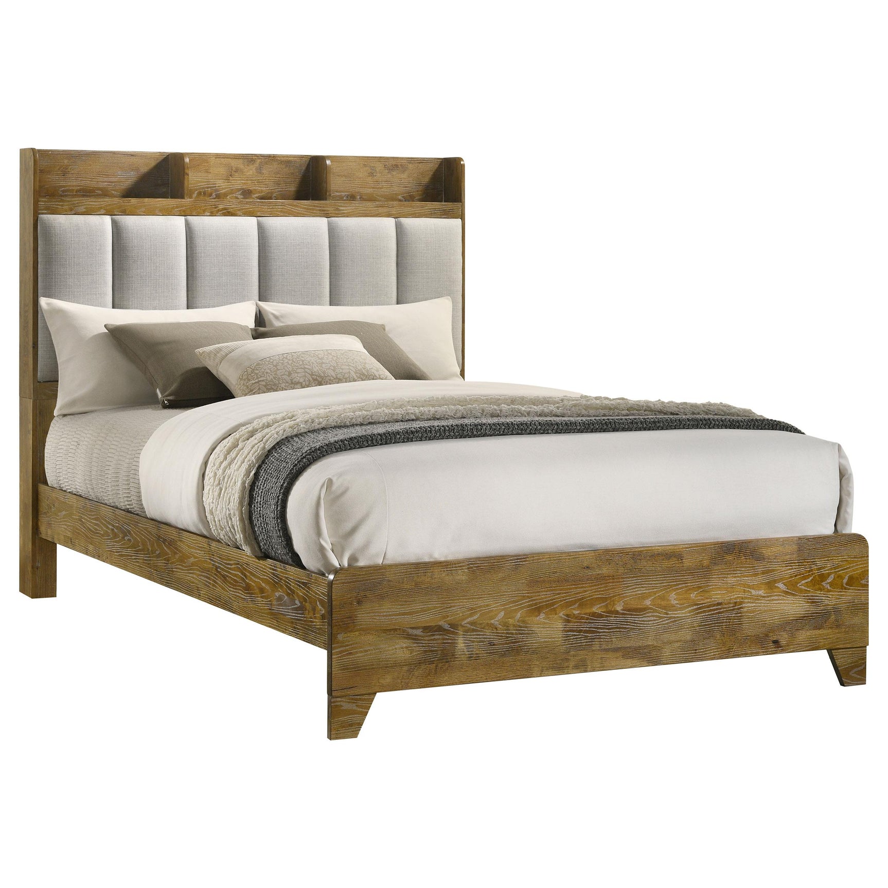 Side angle showing upholstered vertical panel headboard