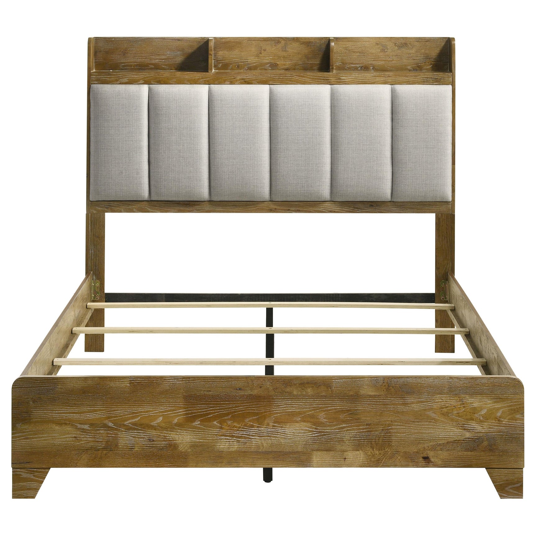 Built-in cubbies holding books and decorative items