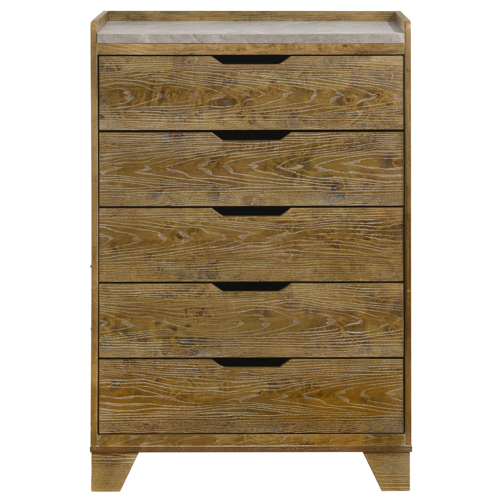 Side view of Henderson 5-drawer chest in medium oak