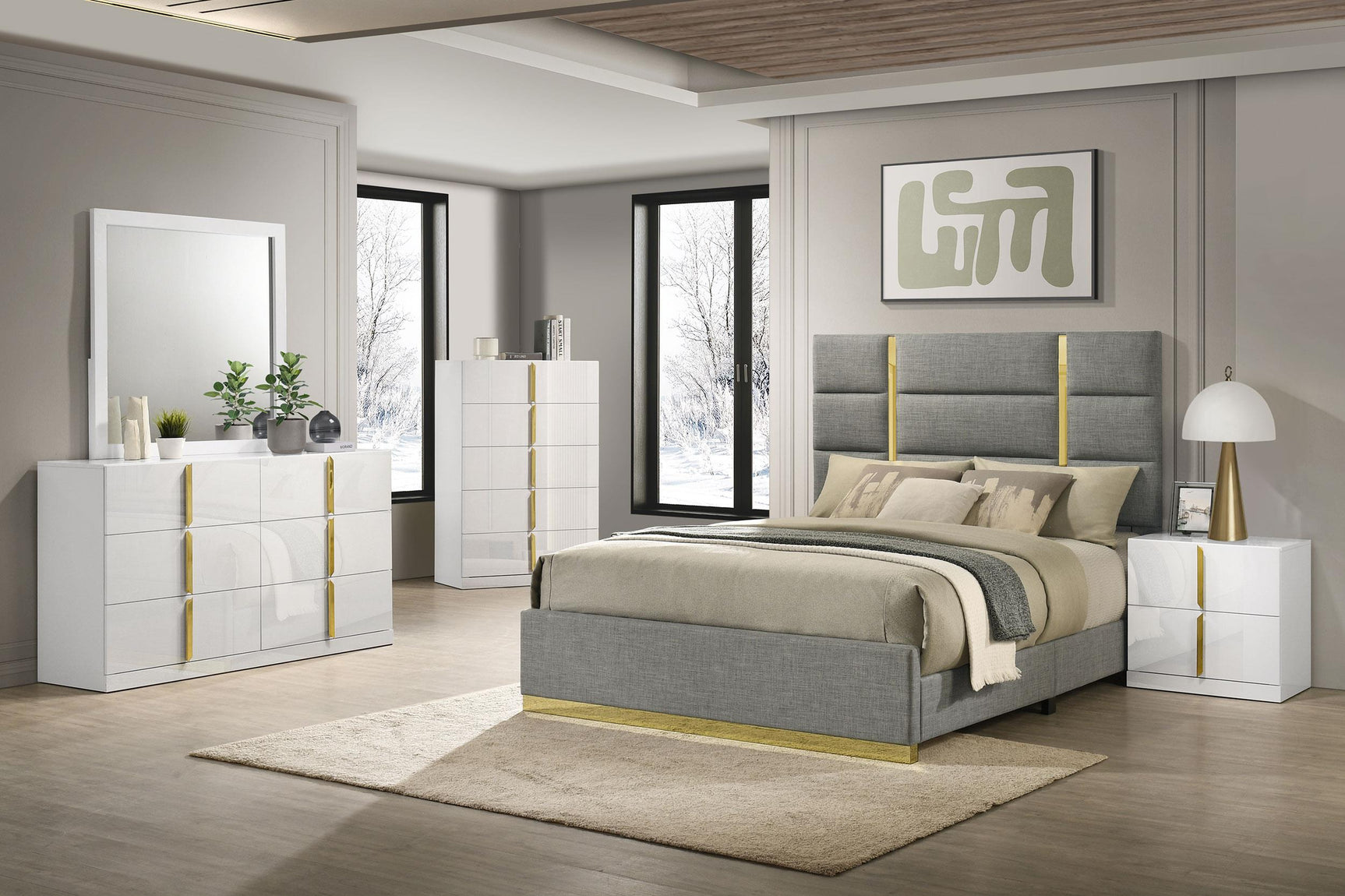 Top view of Ines queen panel bed headboard and footboard design