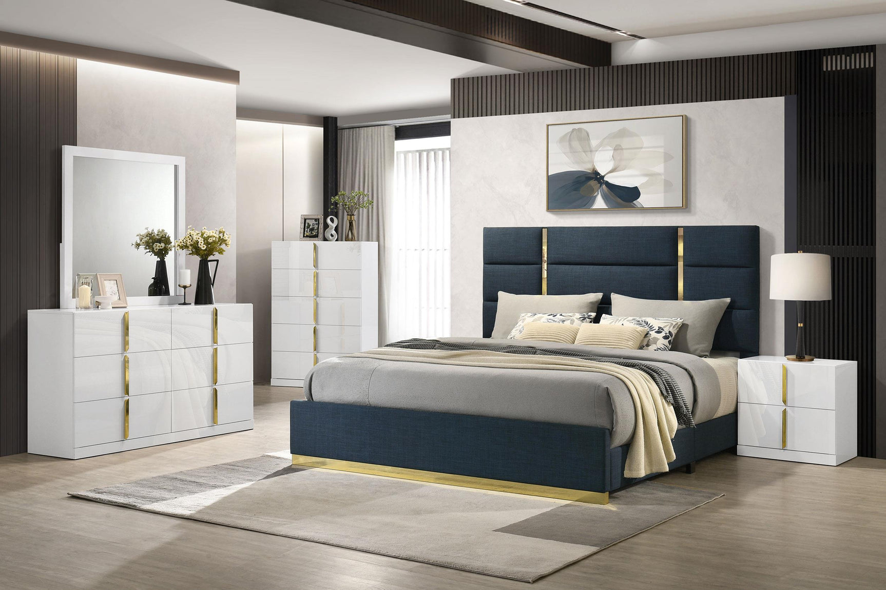 Full view of navy fabric queen bed in styled bedroom