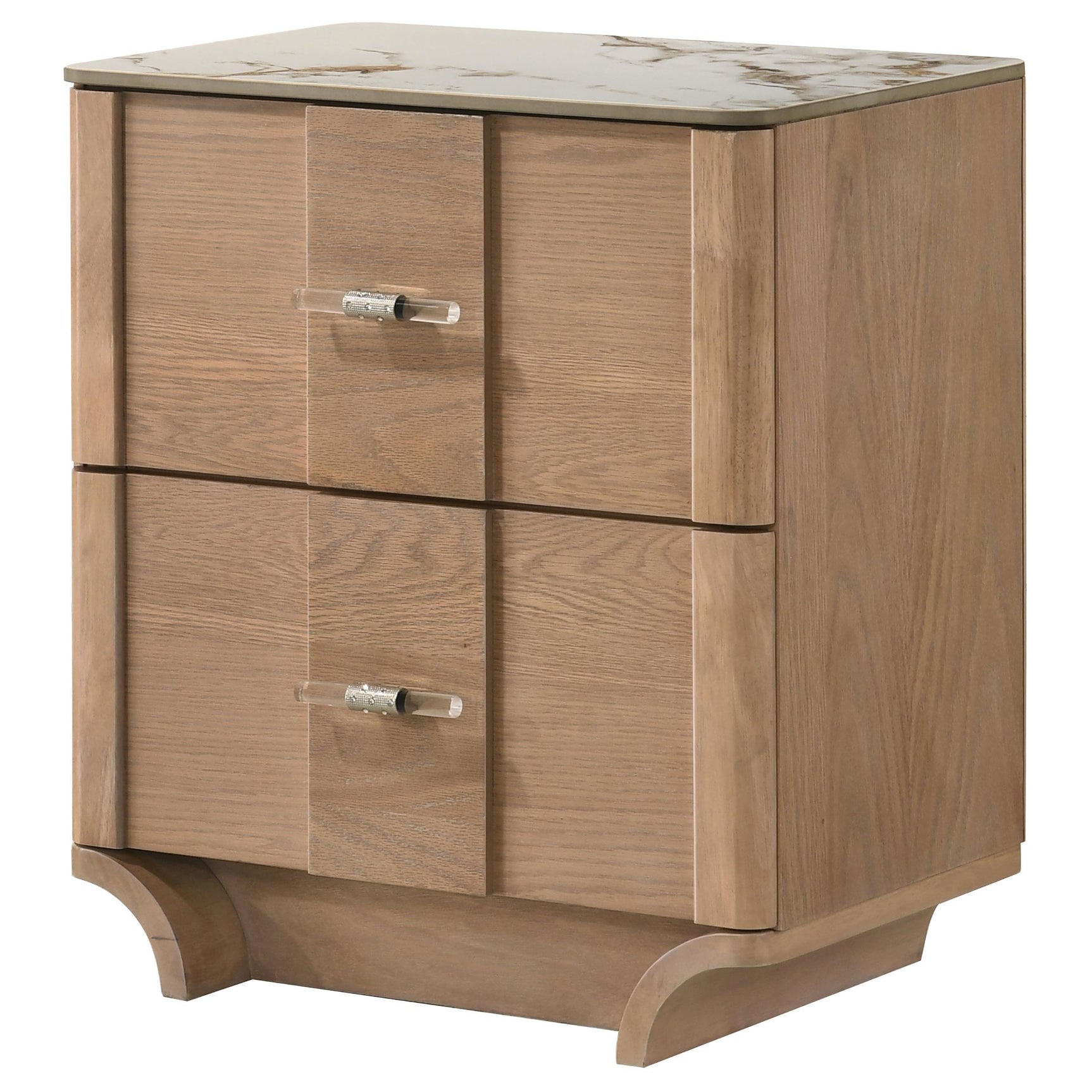 Two drawers of Leanne nightstand open to show storage interior