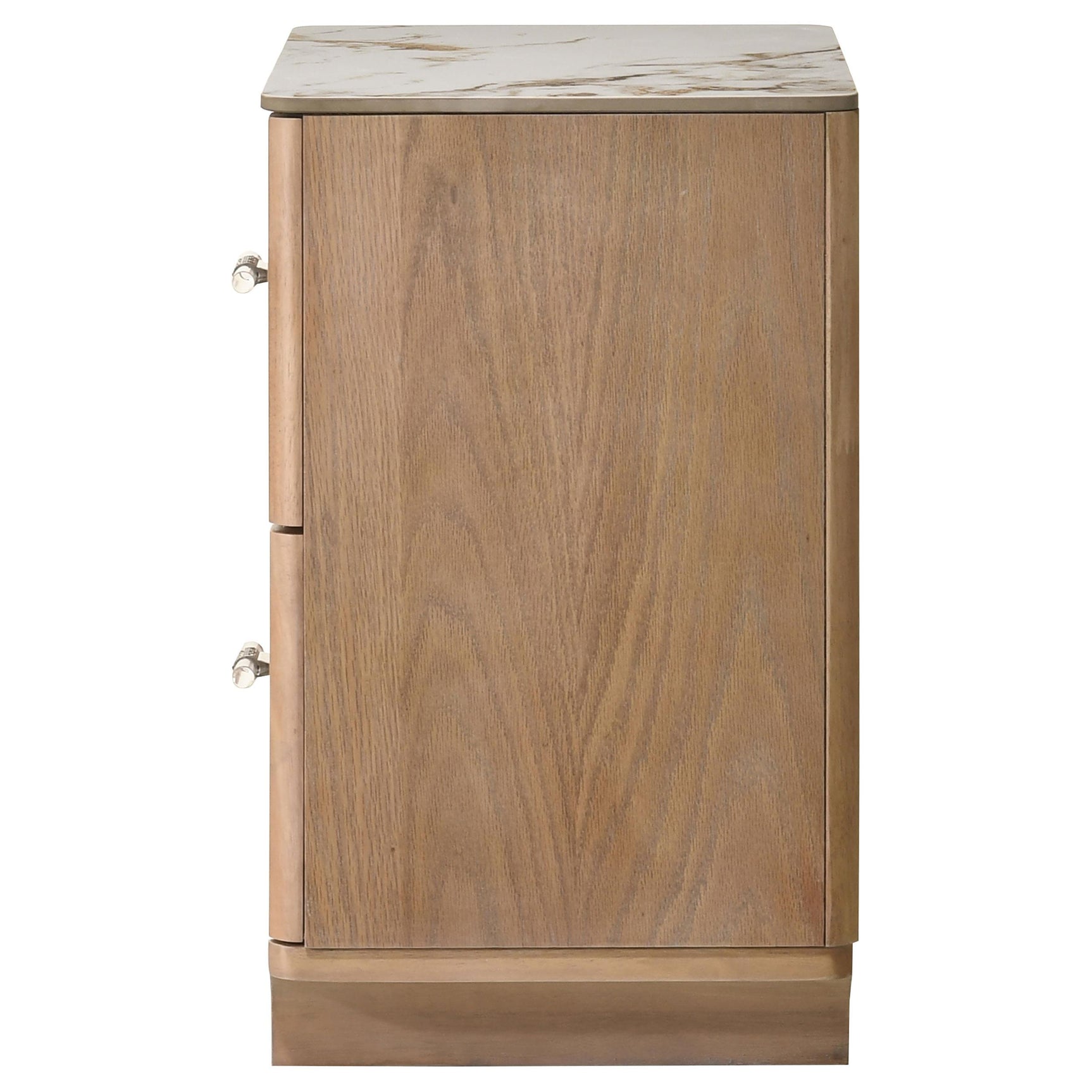 Side angle of Leanne nightstand highlighting waistline base and wood veneer