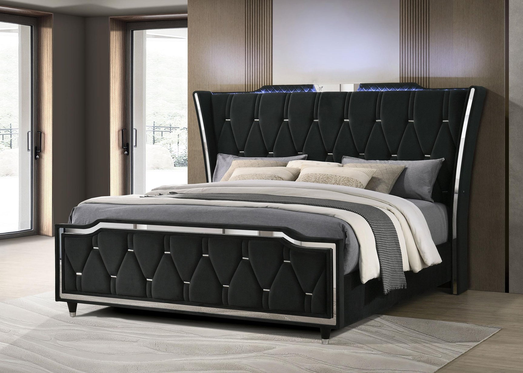 Close-up of button-tufted wingback headboard with LED lighting