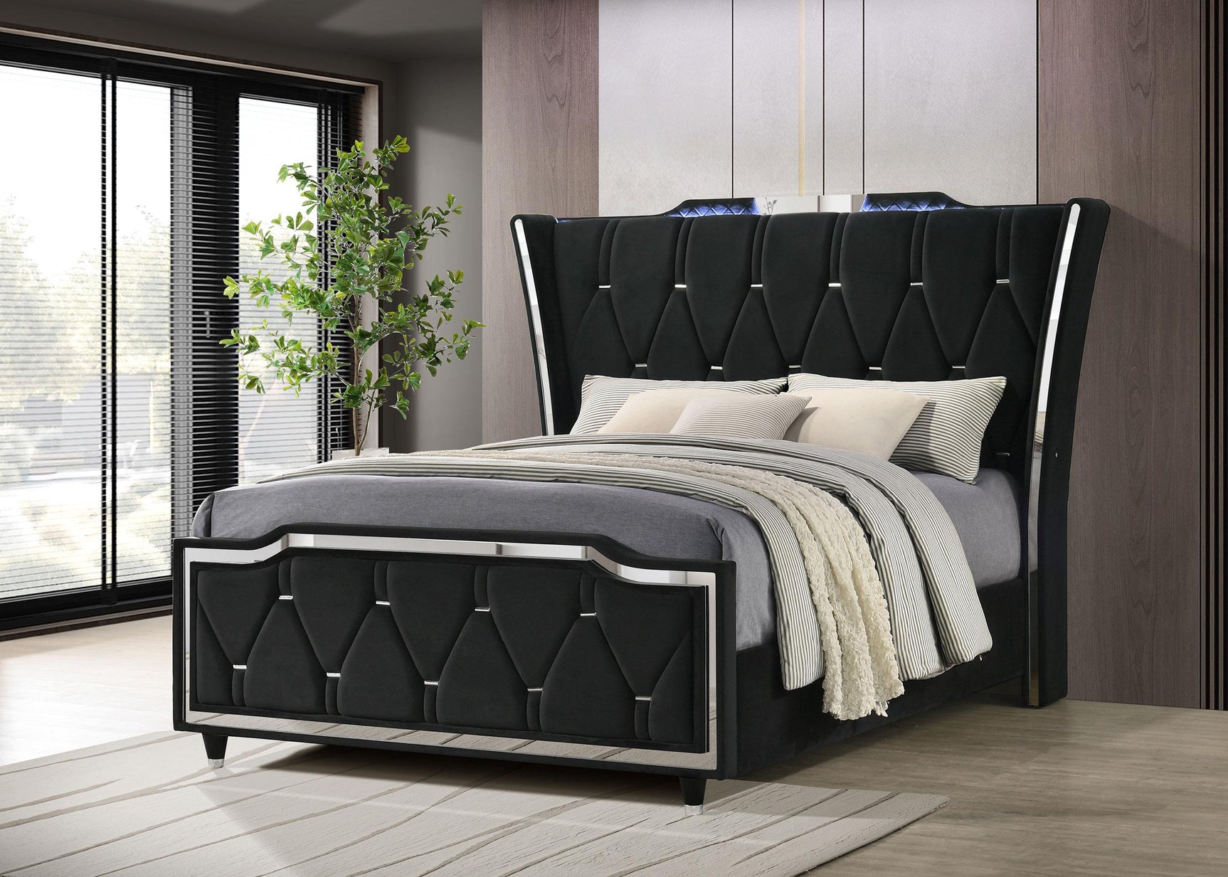 Lorient Queen bed side angle showcasing plush velvet upholstery and wingback headboard