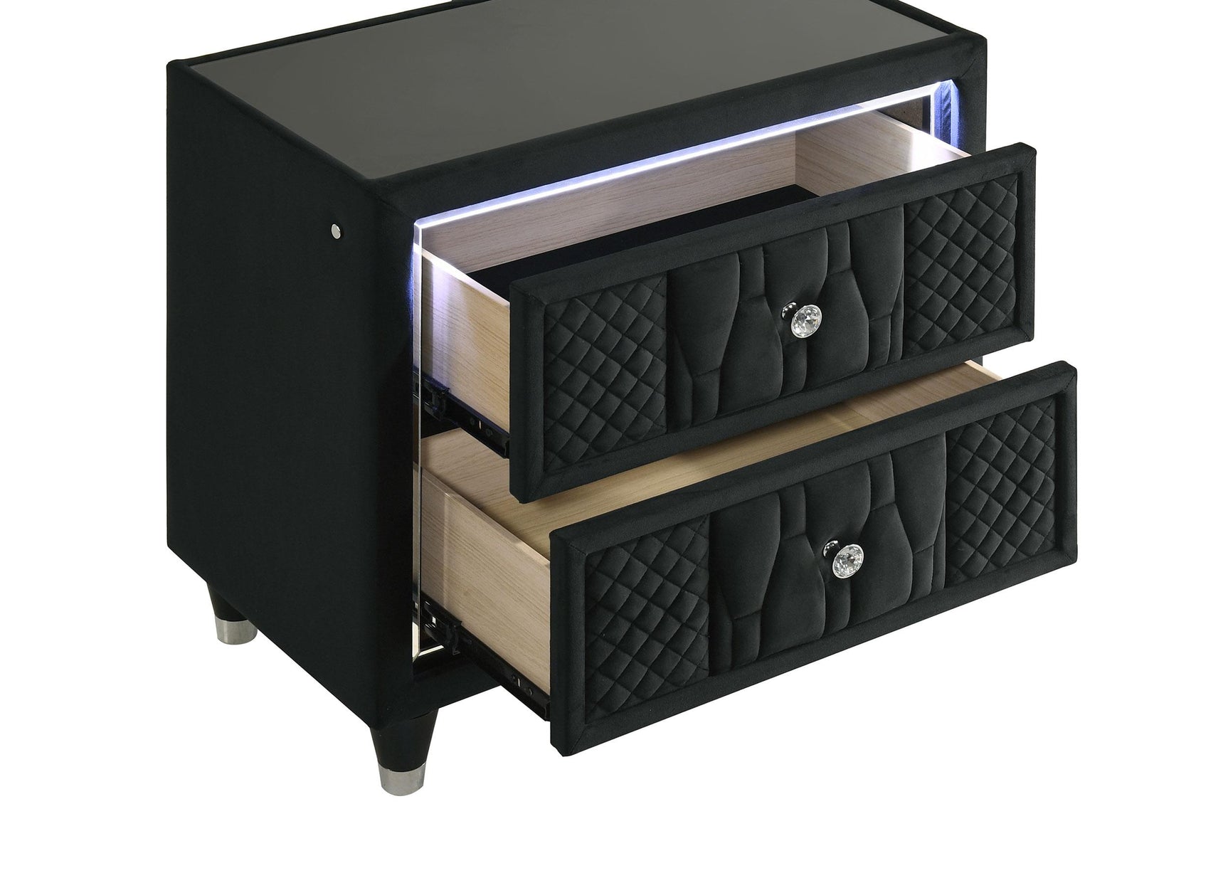 Lorient black velvet 2-drawer nightstand with LED lighting and USB ports