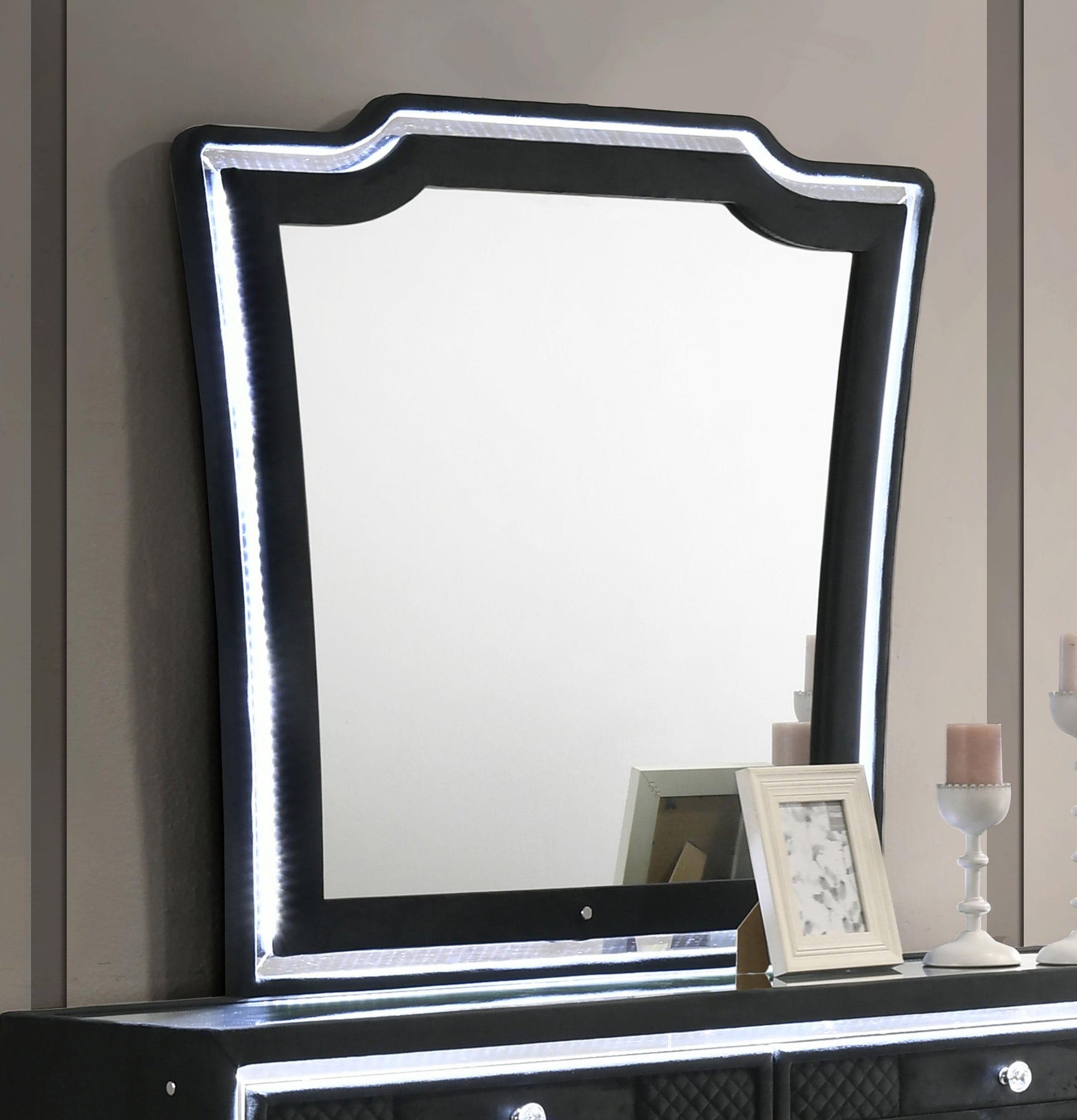 Lorient Dresser Mirror side angle showing velvet upholstery