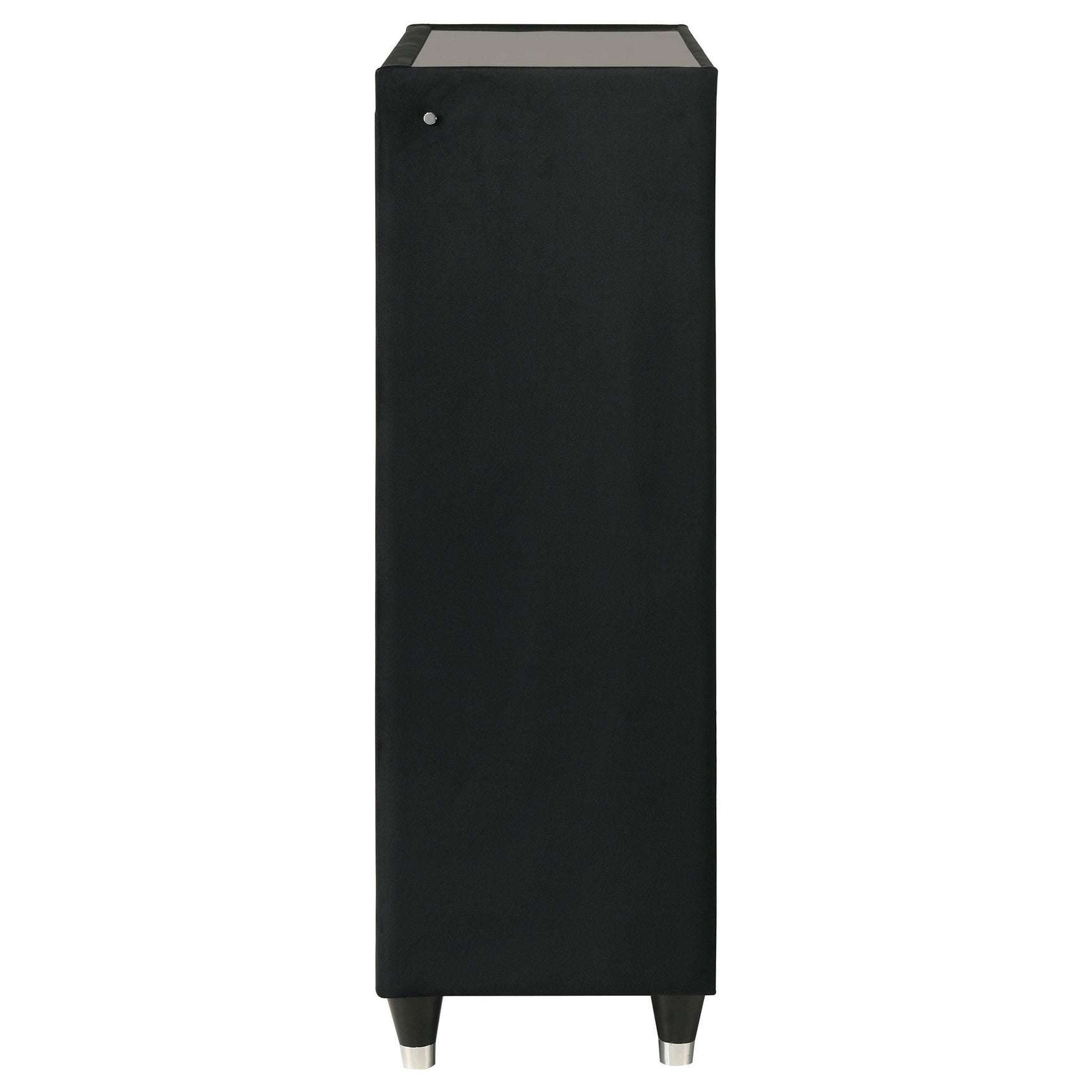 Open drawer displaying metal extension glide and velvet quilting