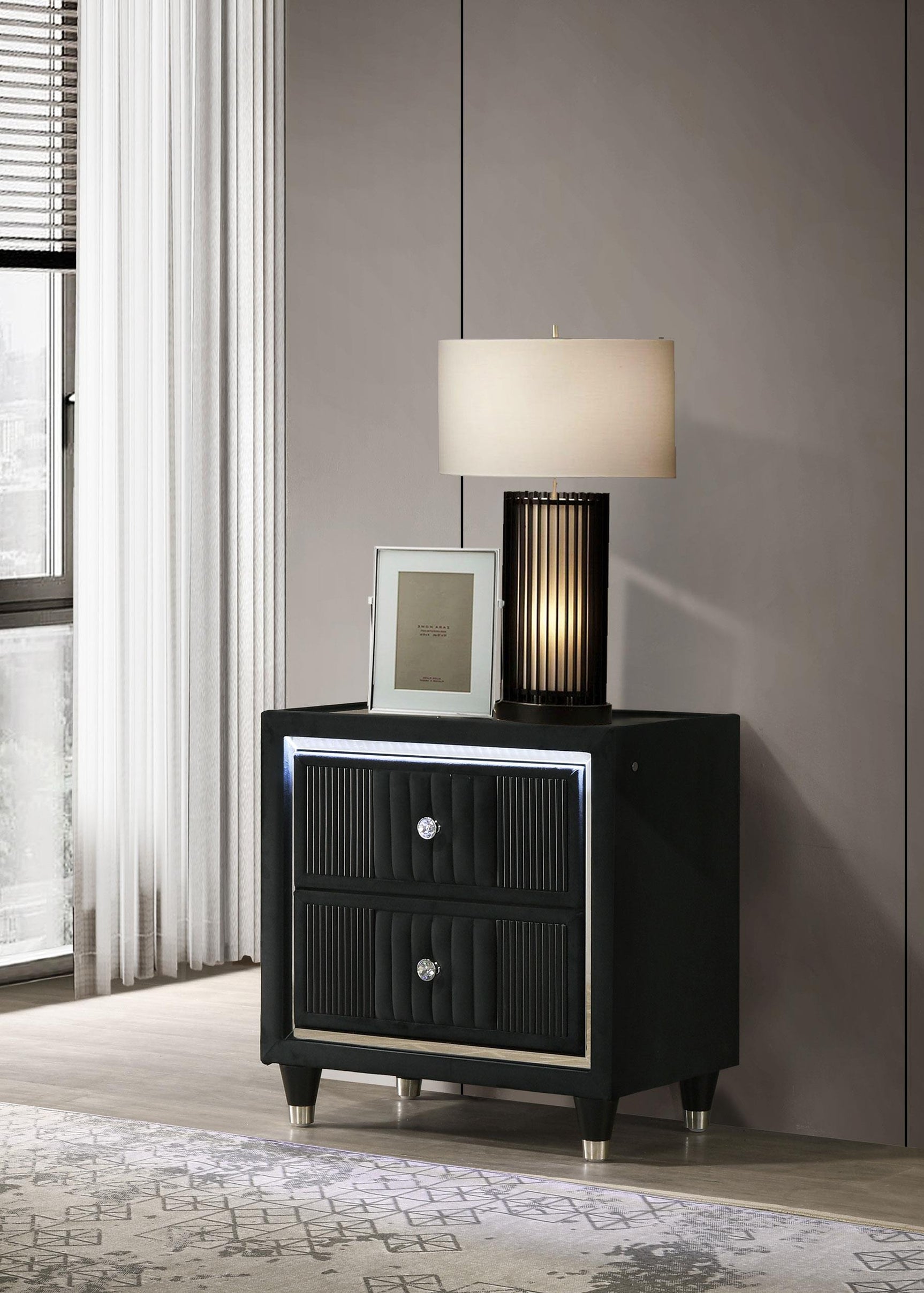 Ravenne nightstand side view showing LED touch lighting on side panels
