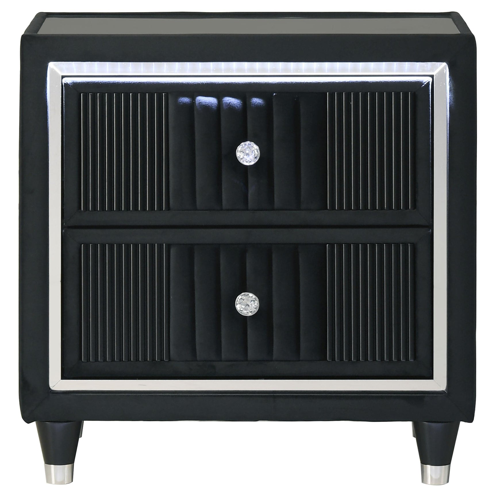 Close-up of acrylic crystal-like drawer knobs on Ravenne nightstand