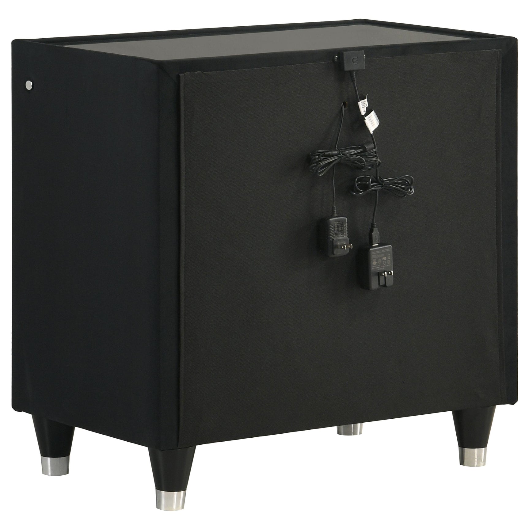 Nightstand with USB ports shown with charging cable connected