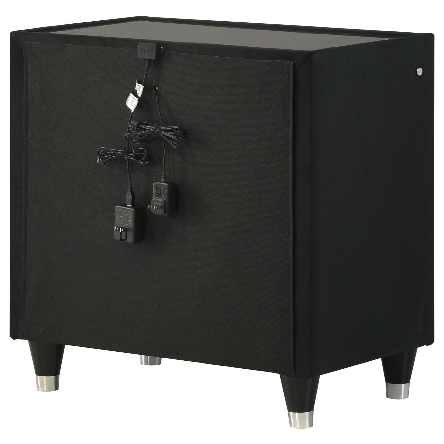 Back view showing power cord and USB charging ports