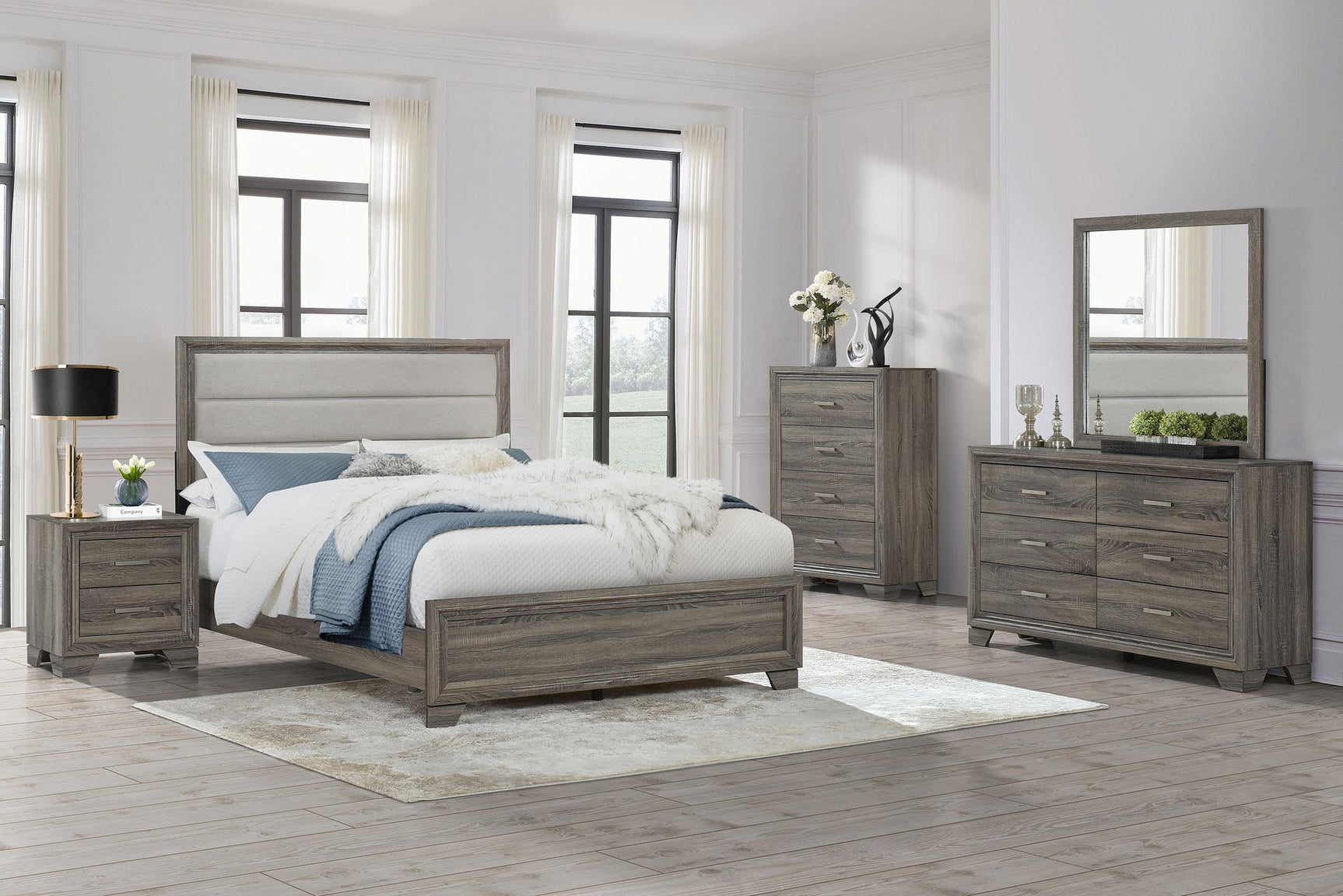 Top angle view of queen upholstered bed frame