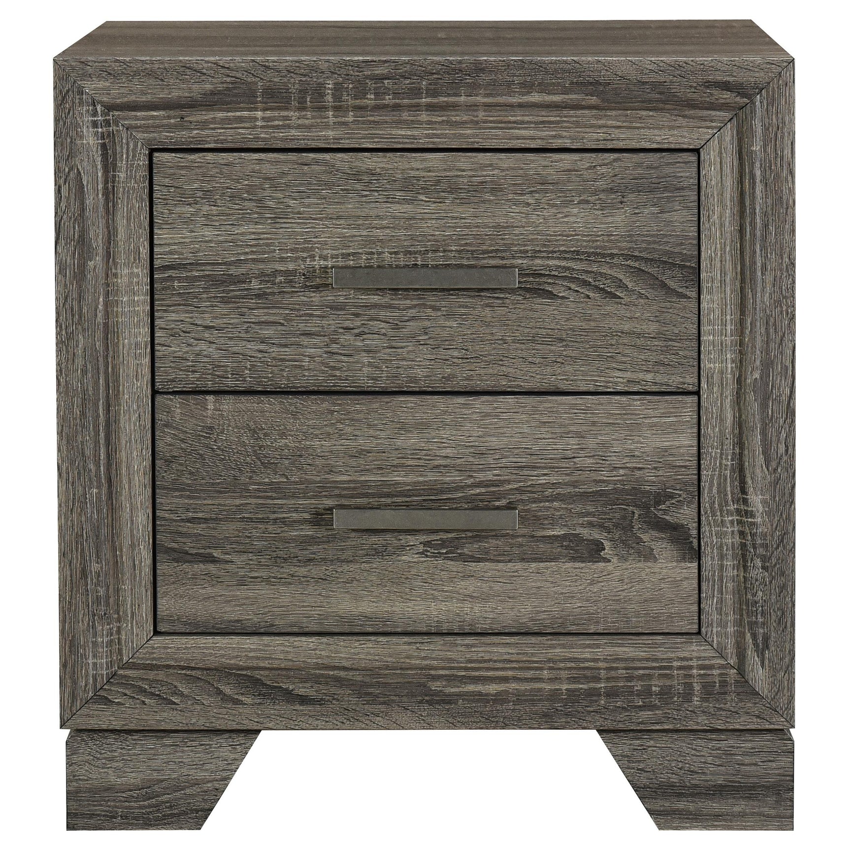 Close-up of metal knob hardware on Wright nightstand drawer