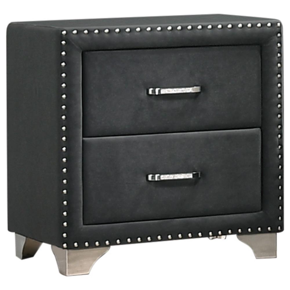 Melody grey upholstered 2-drawer nightstand front angle
