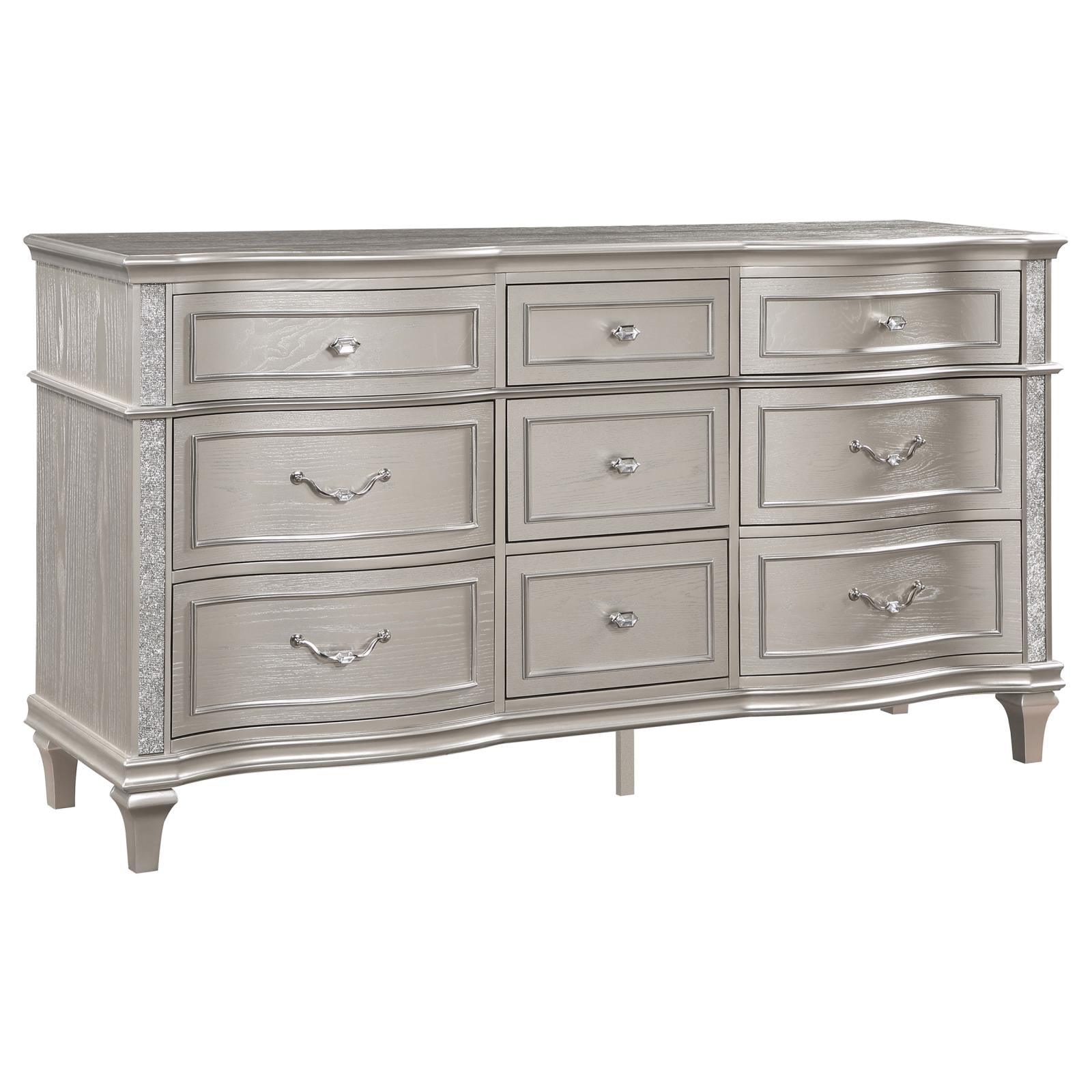 Evangeline five-drawer chest with silver oak finish and decorative pulls