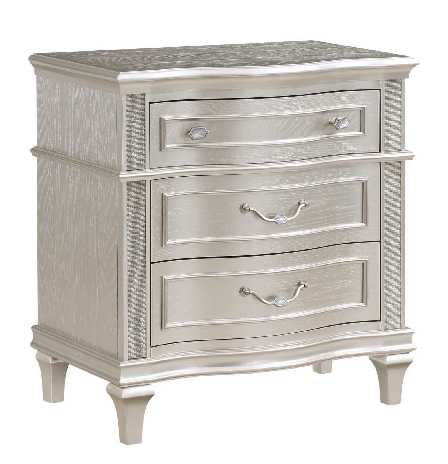 Side view of Evangeline 3-Drawer Nightstand silver oak finish