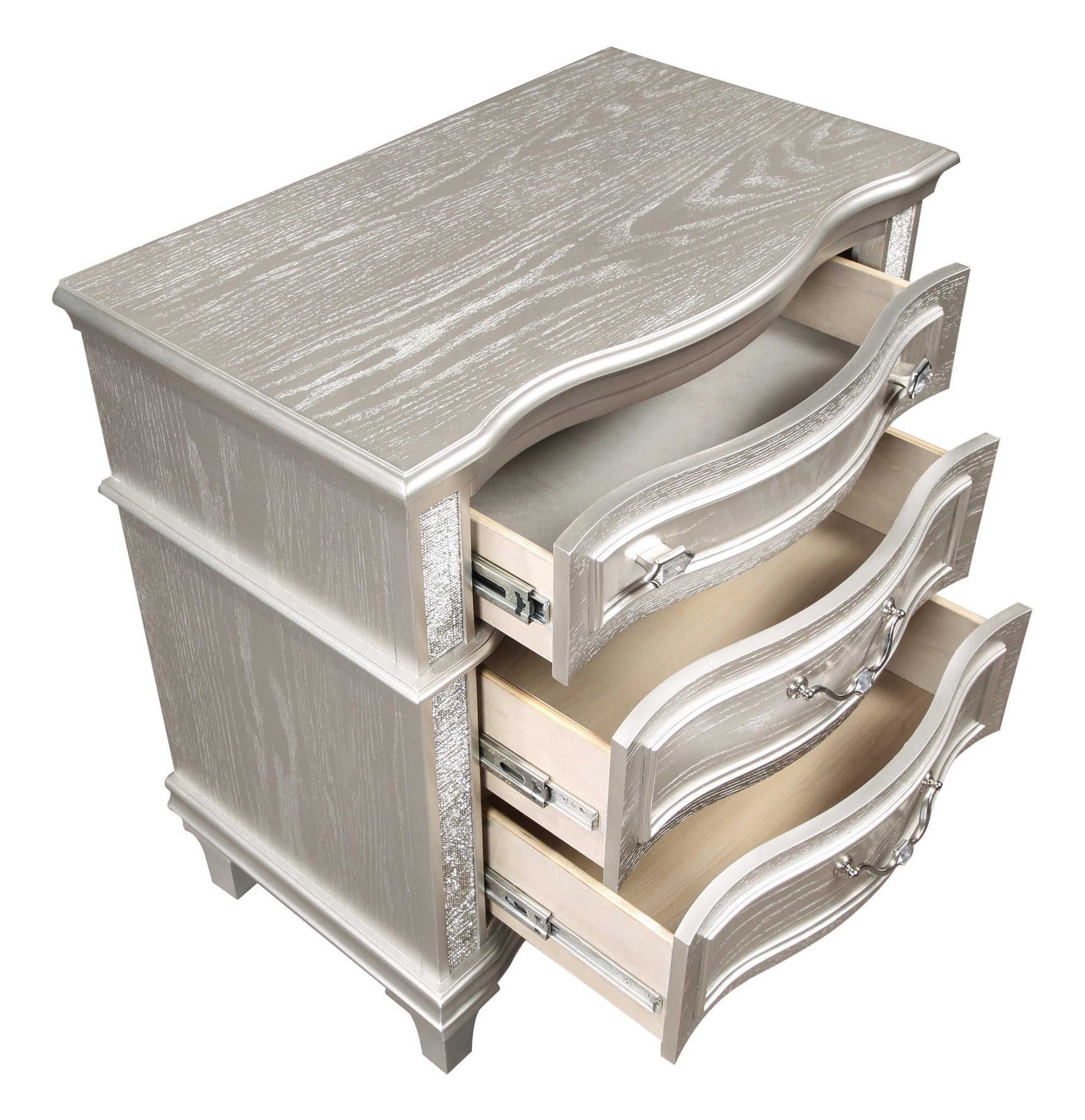 Three drawers with modern metal handles on Evangeline nightstand