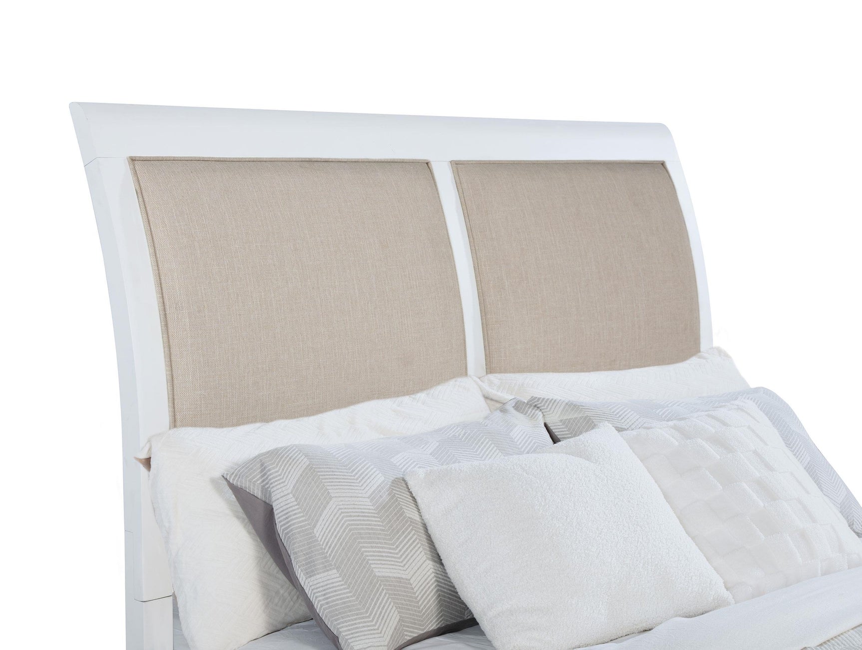 Close-up of fabric upholstery on Bexhill queen panel bed