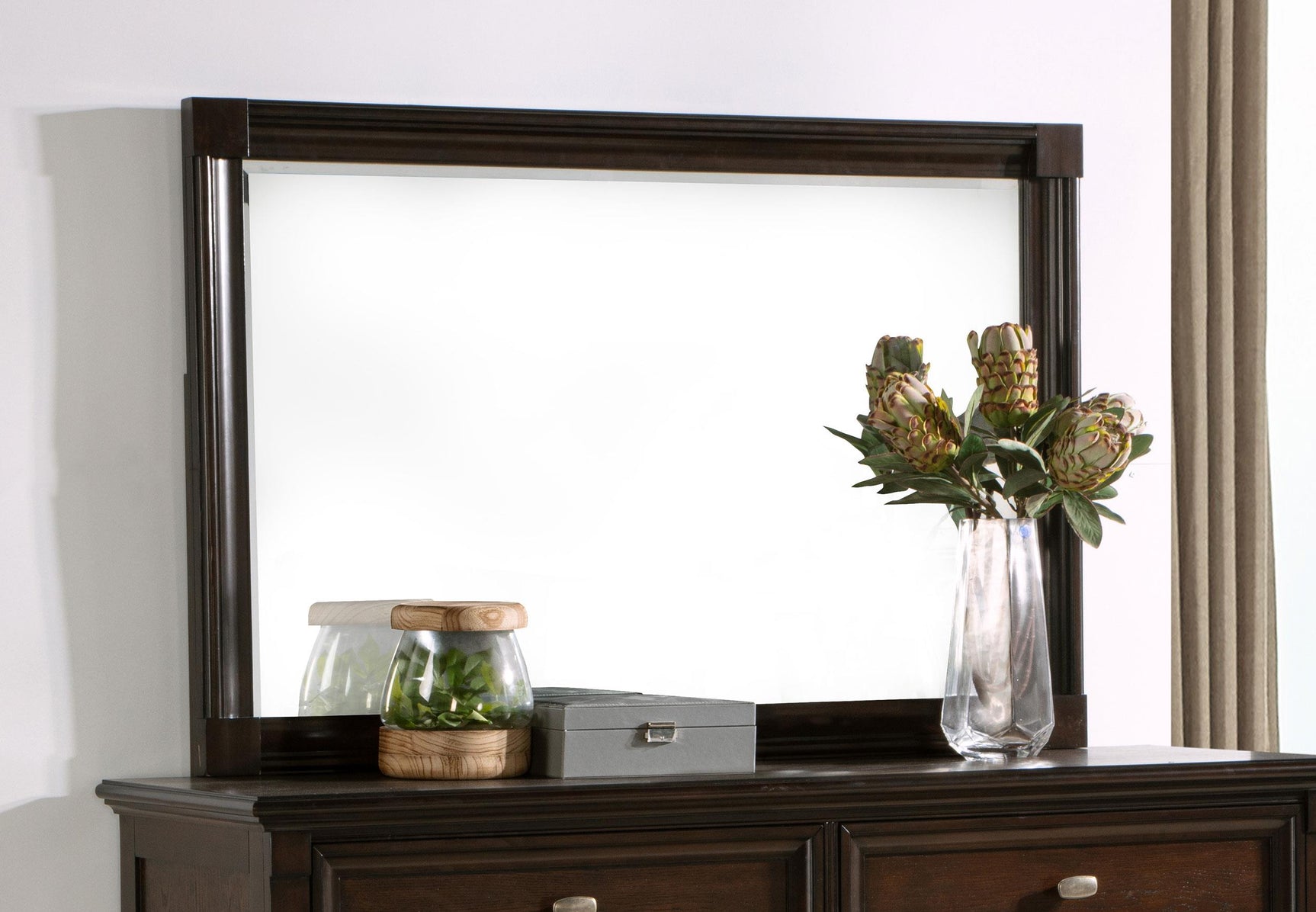 Andover Dresser Mirror side angle showing open corner frame