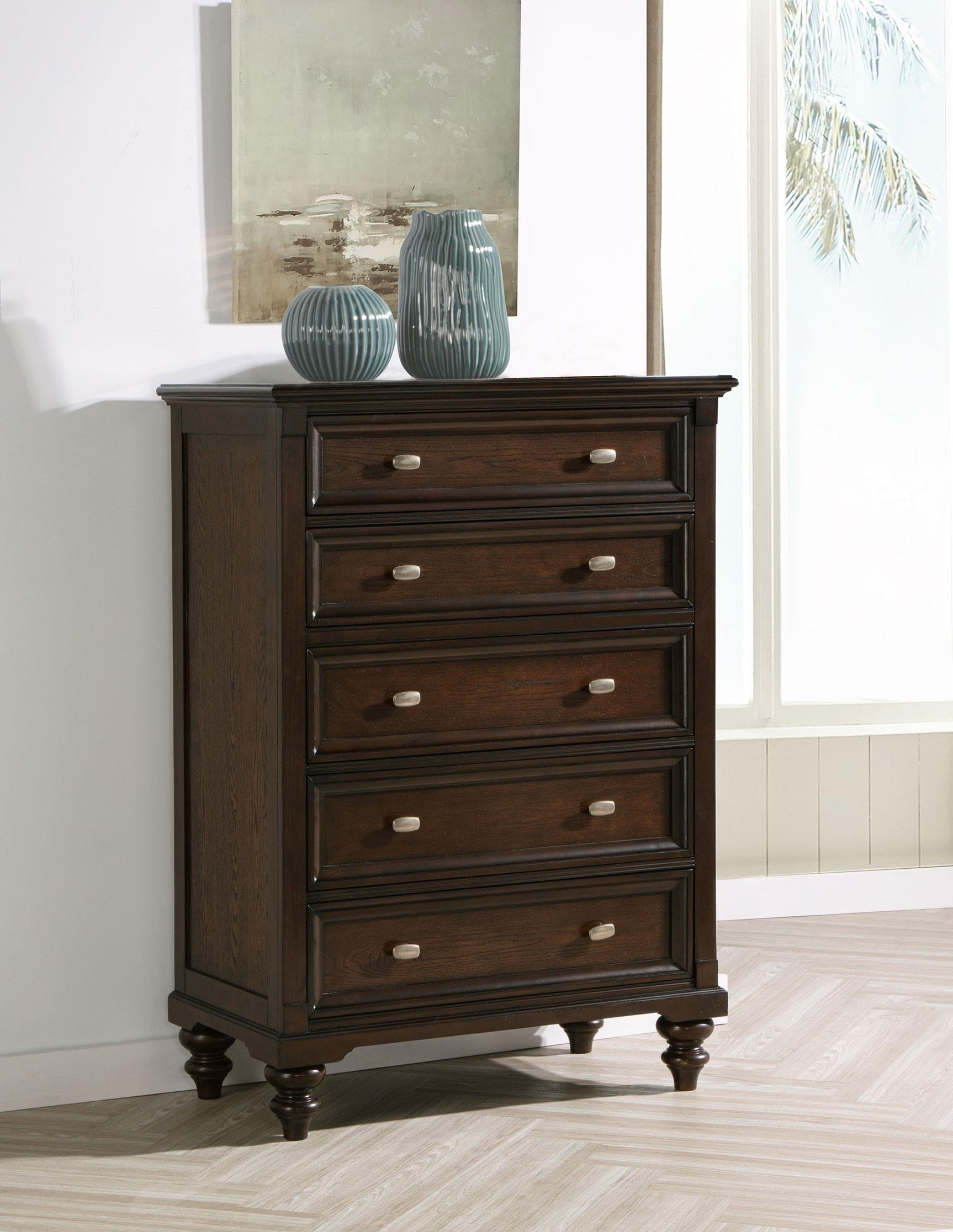 Andover chest side view showing metal knob hardware