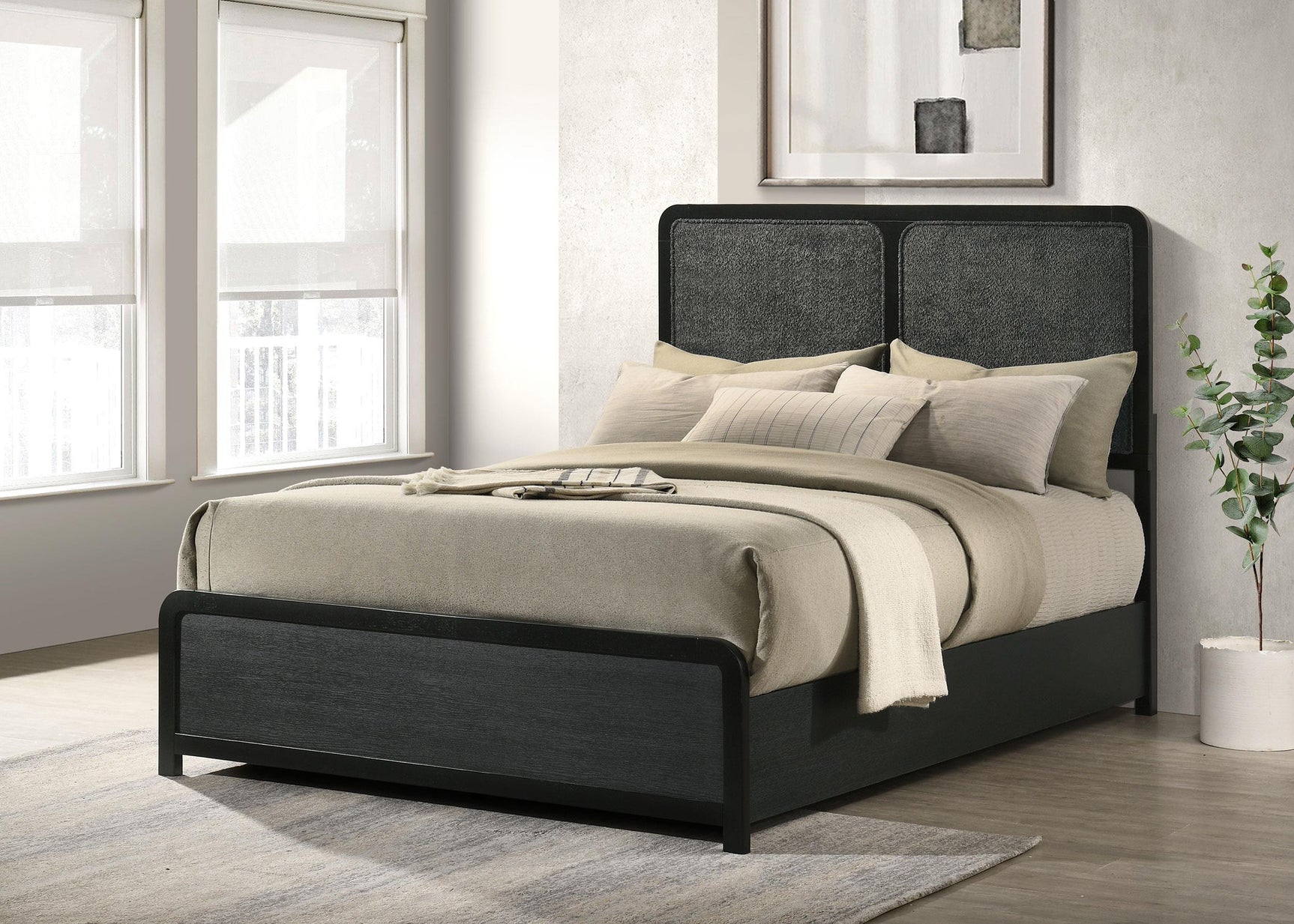Cavelle bed headboard detail showing charcoal chenille panels