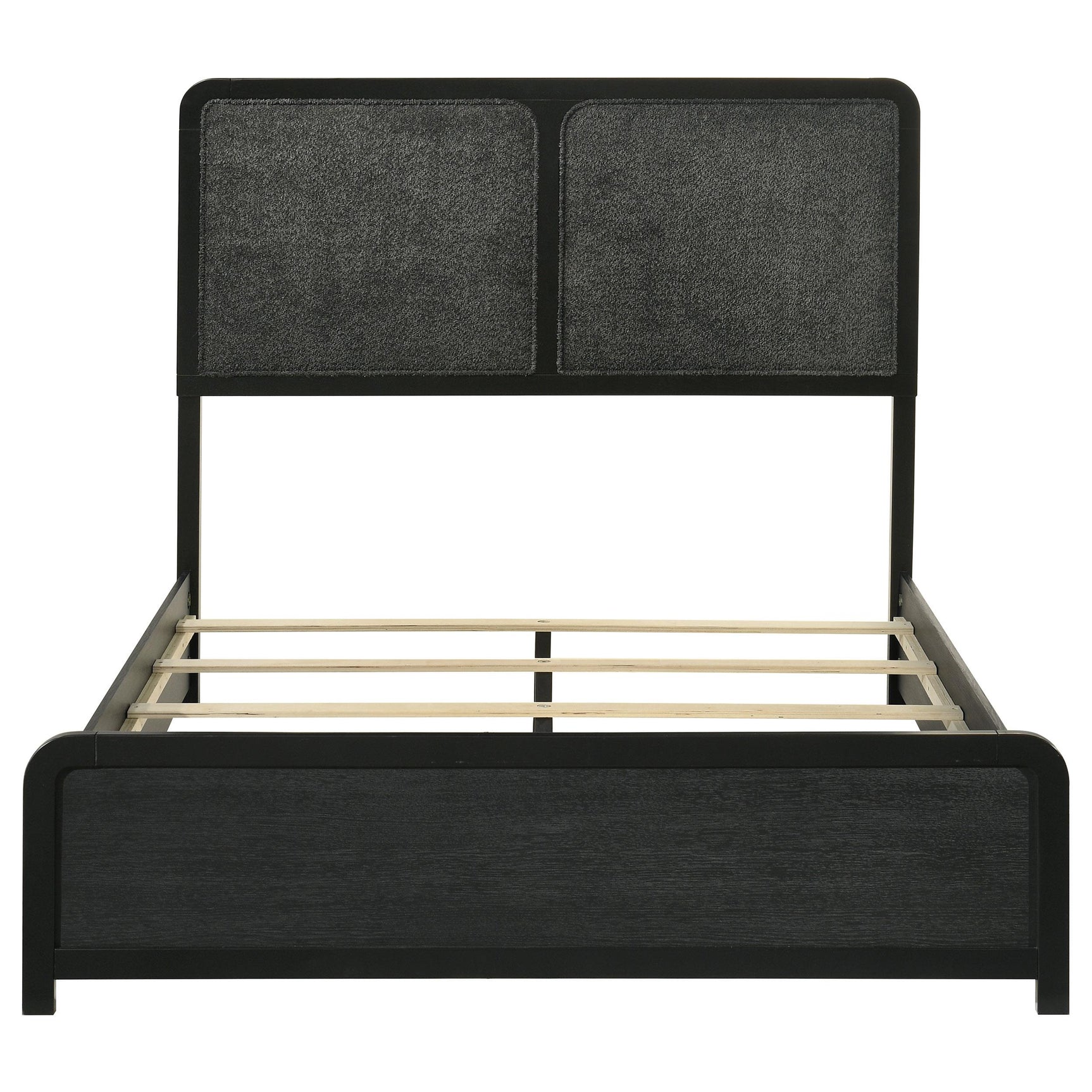 Burnished black bed frame with softly rounded corners