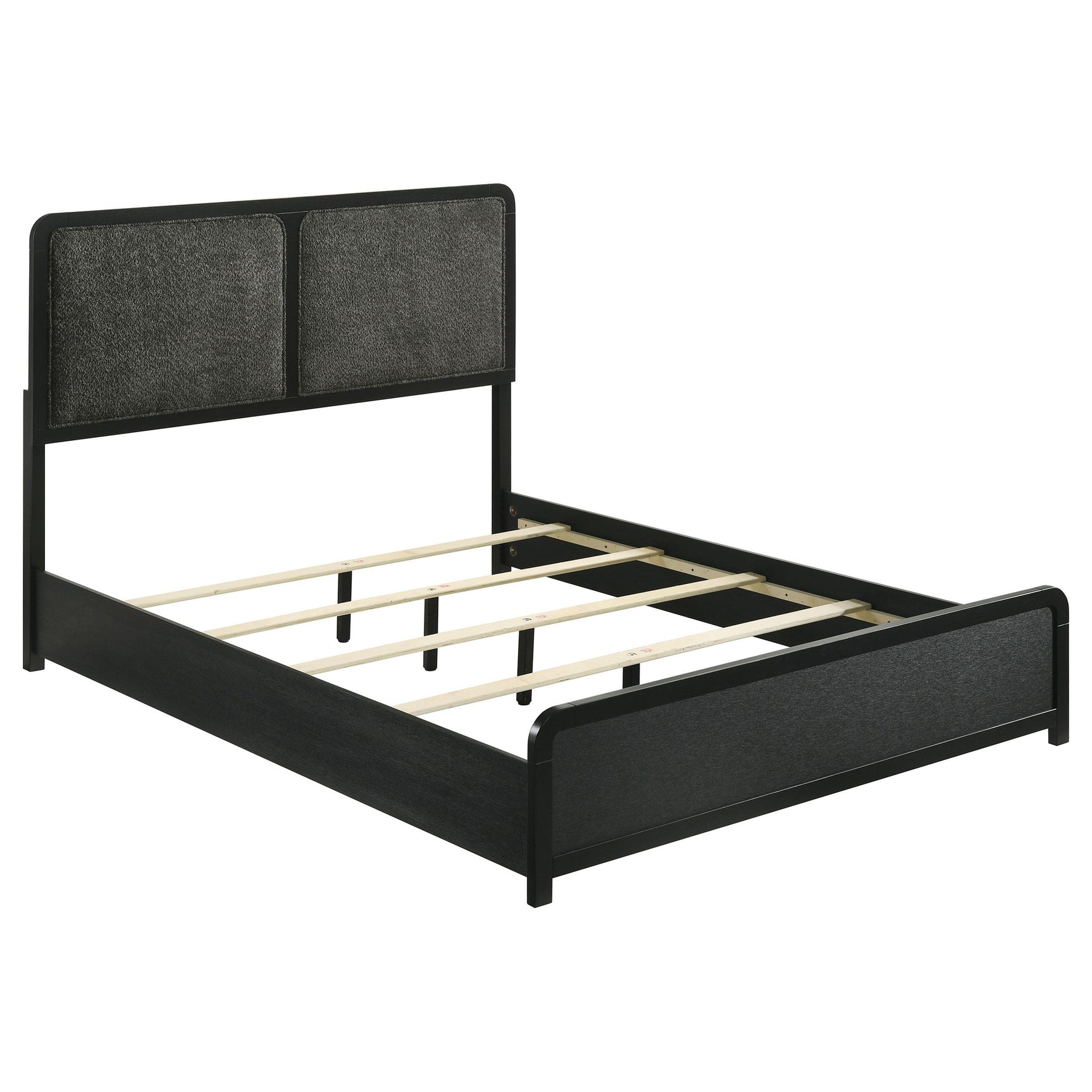 Closeup of black upholstered headboard fabric
