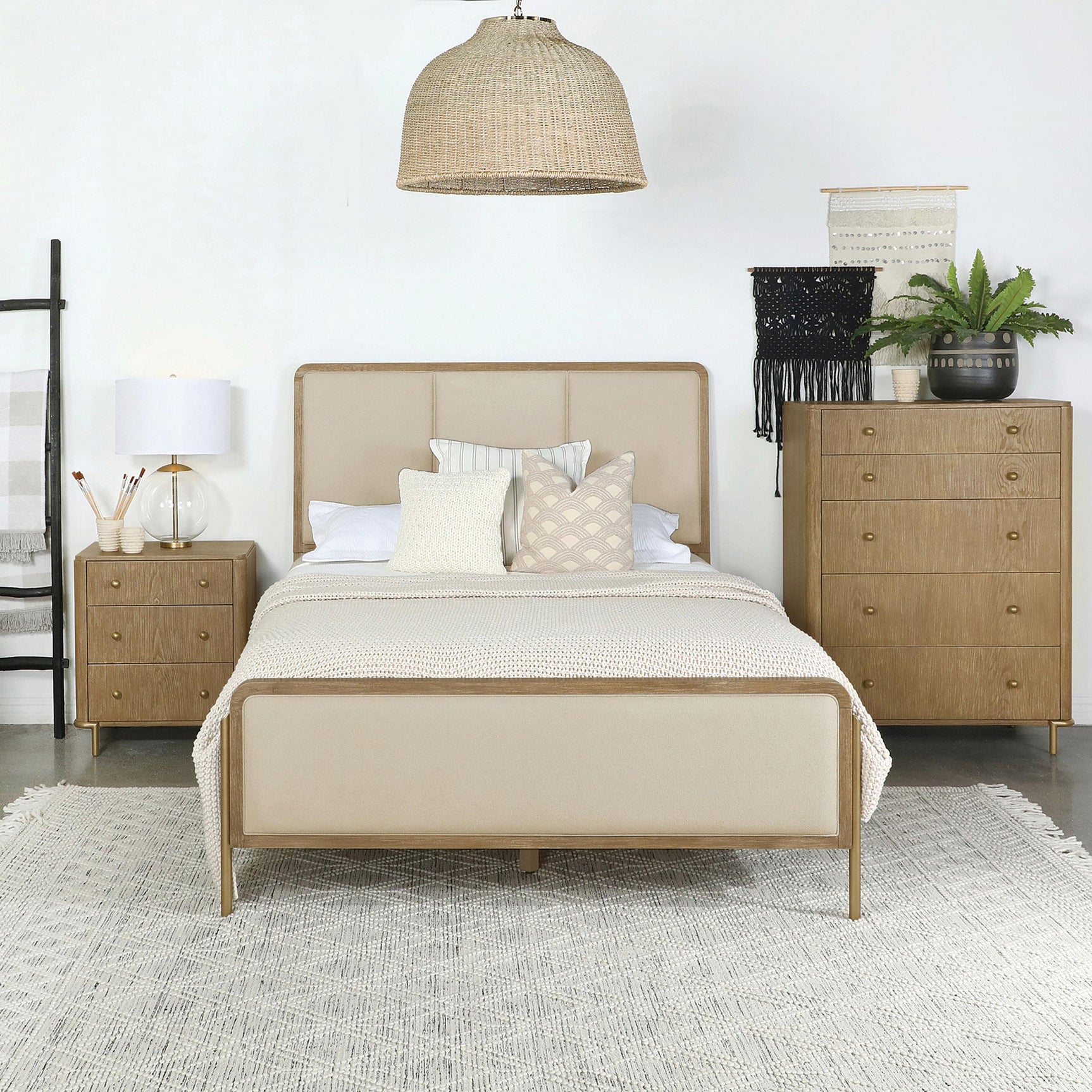 Arini queen panel bed close-up on headboard upholstery