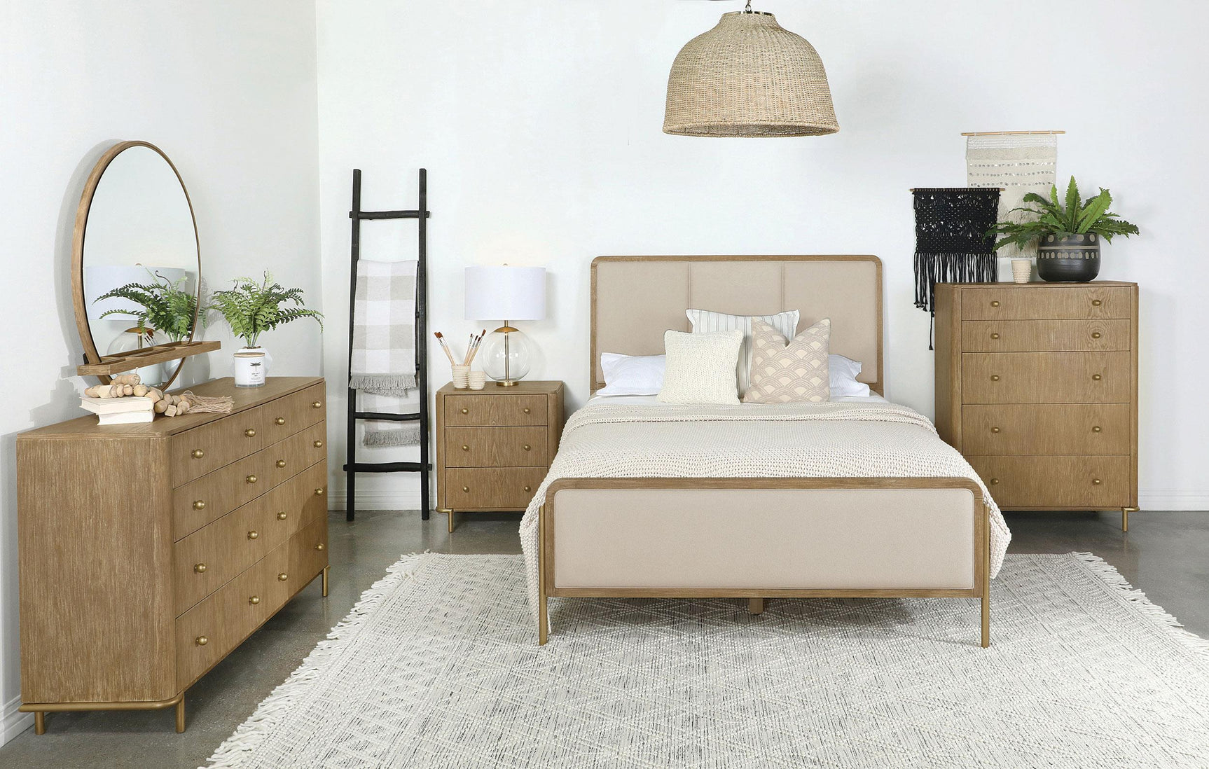 Side profile of Arini queen bed with fabric upholstery