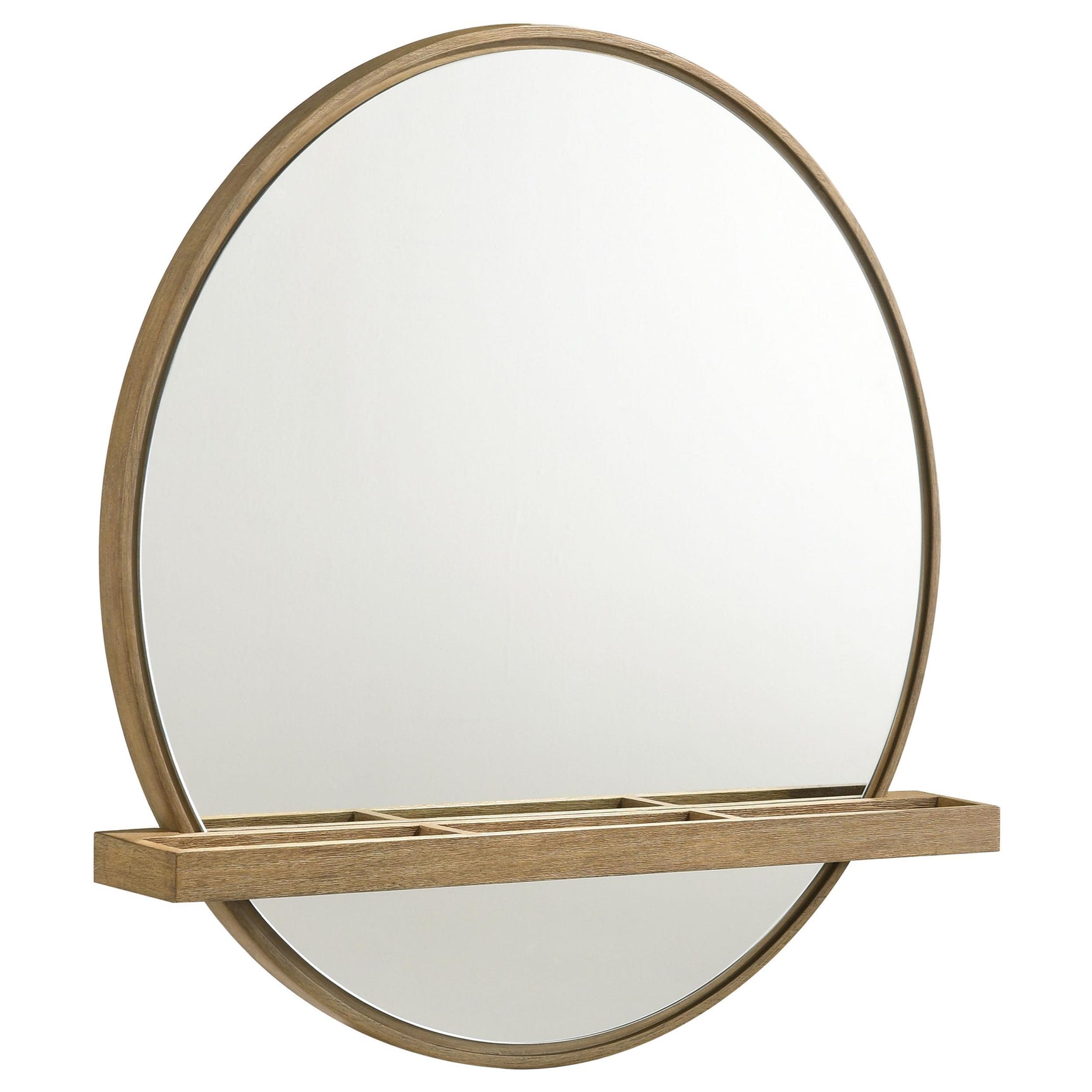 Wall-mounted round mirror with jewelry tray beneath