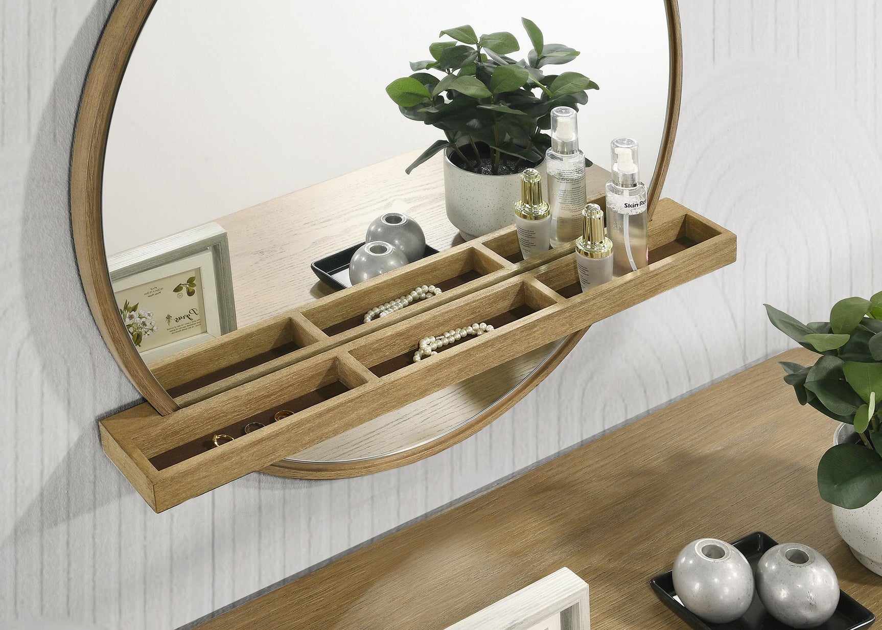 Detail of wood grain and wire brushed texture on vanity table