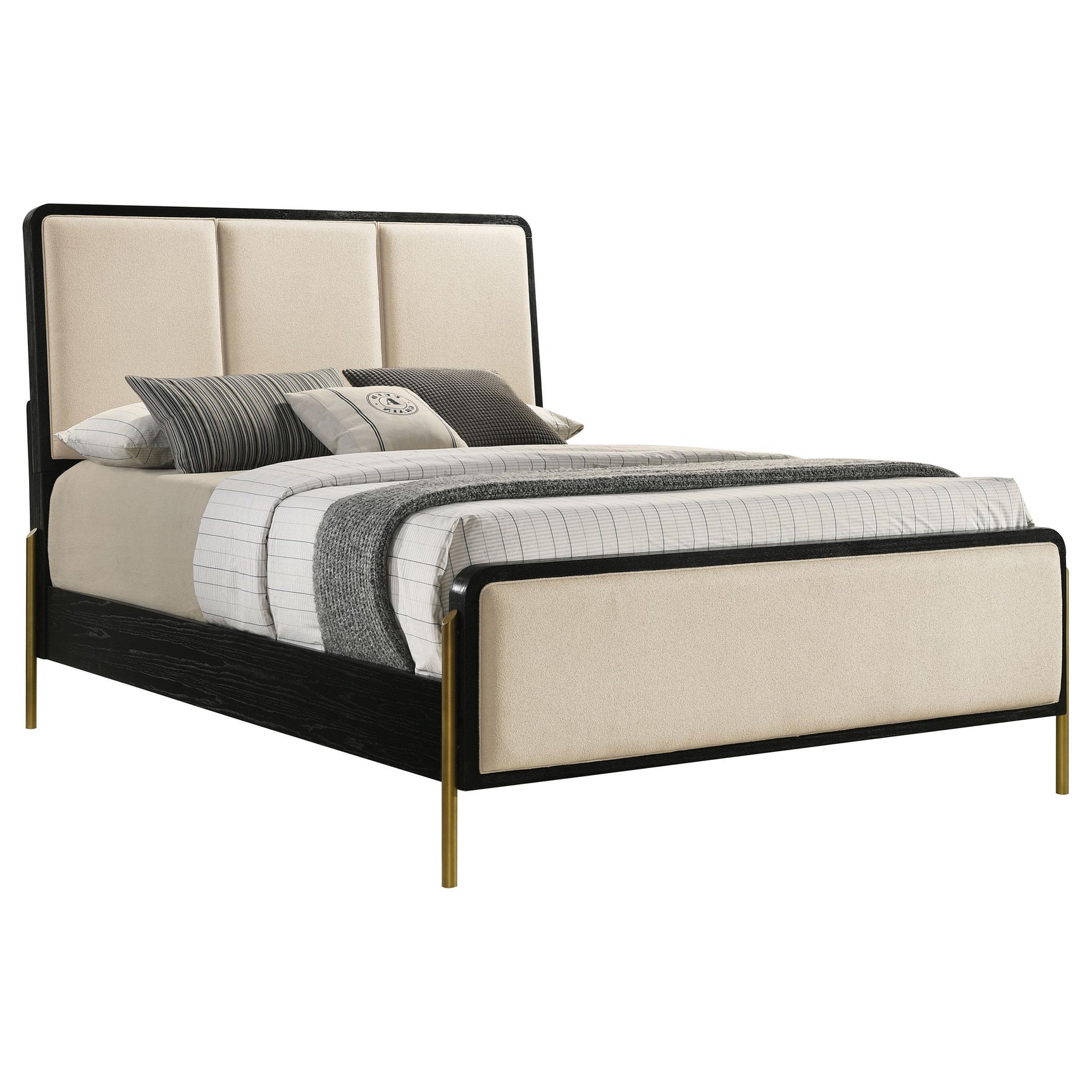 Side angle showing cream fabric and black edge details of Arini King Panel Bed