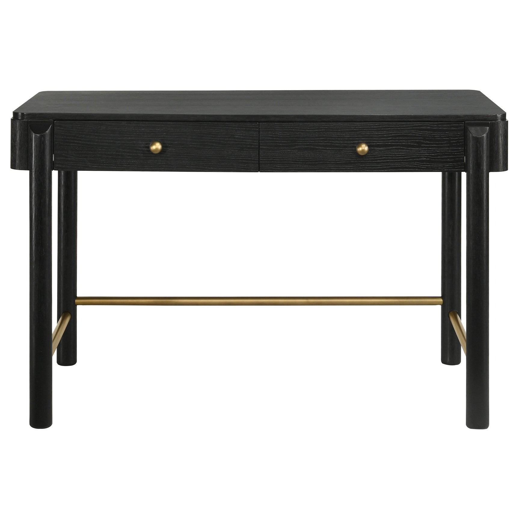Vanity table side angle showing black wood grain finish and drawers