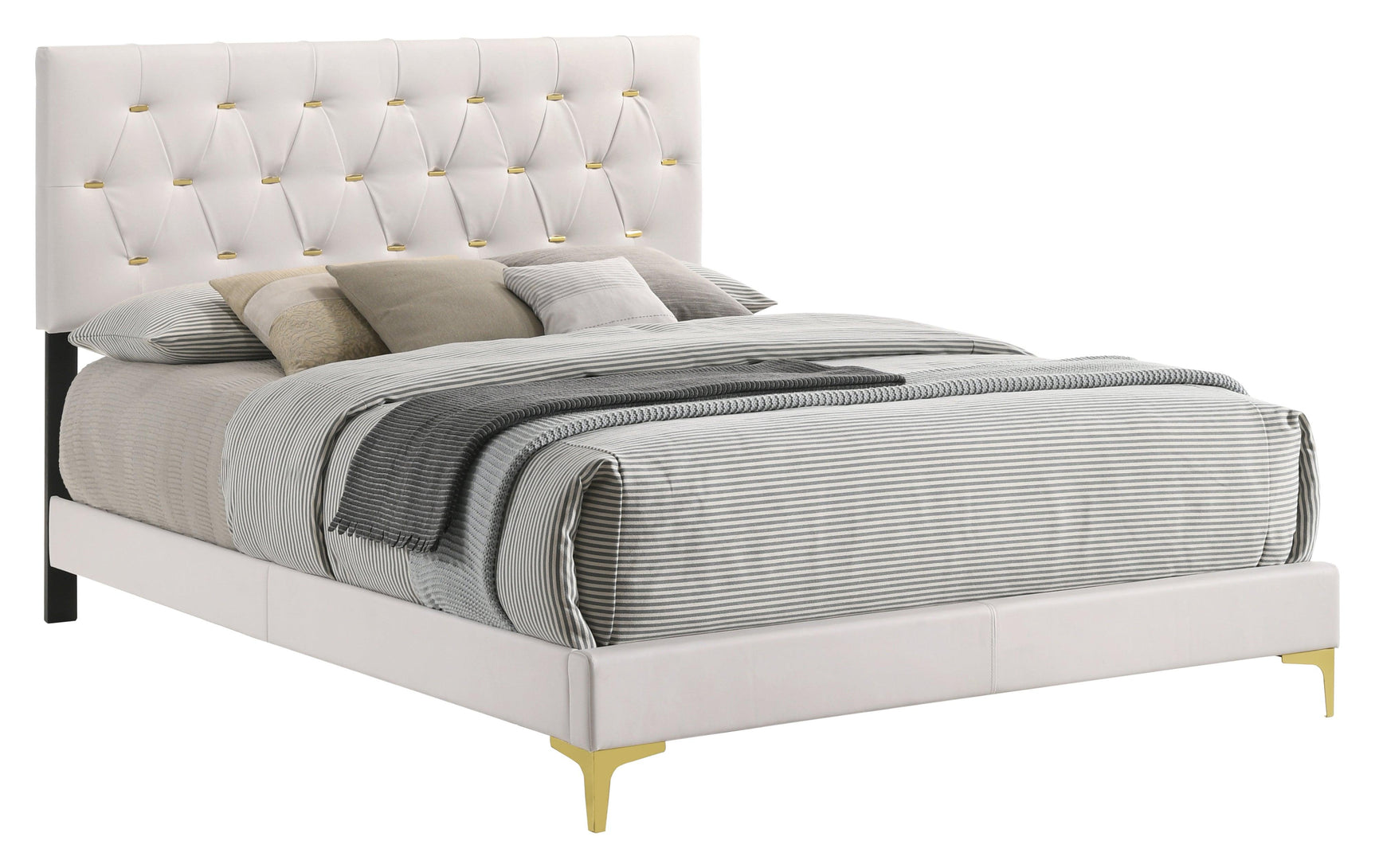 Close-up of diamond button tufting with gold accents on Kendall King Bed