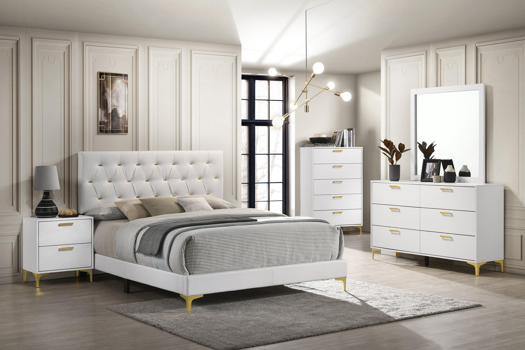 Close-up of tufted headboard with gold button details