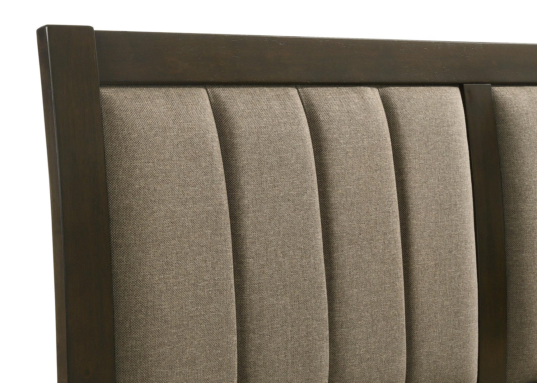 Wilkes queen bed showing fabric upholstery and dark cocoa finish