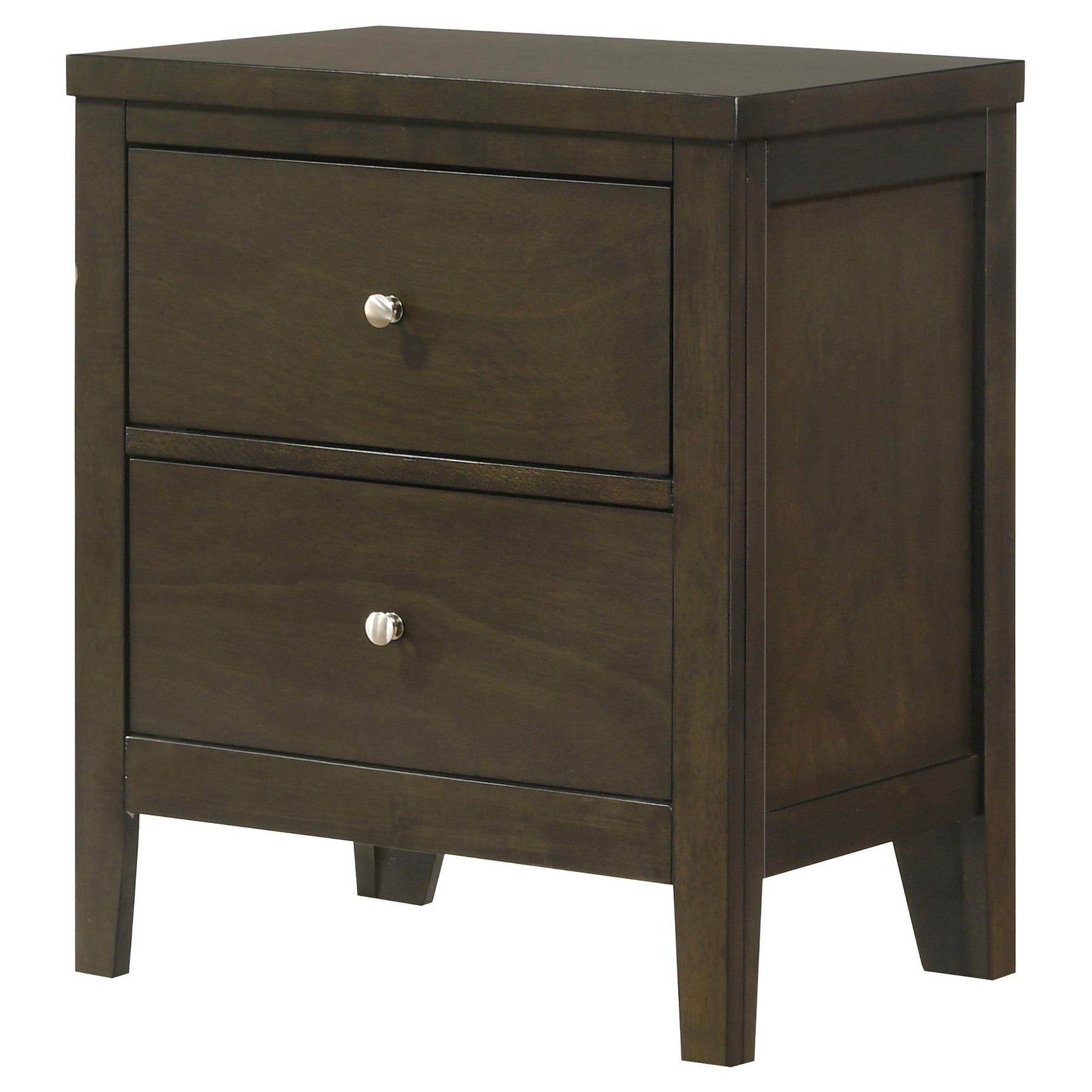 Close-up of brushed nickel hardware on Wilkes nightstand