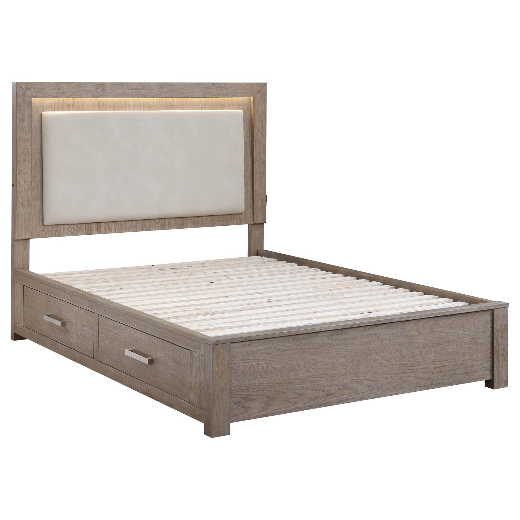 Queen LED storage bed headboard upholstery close-up