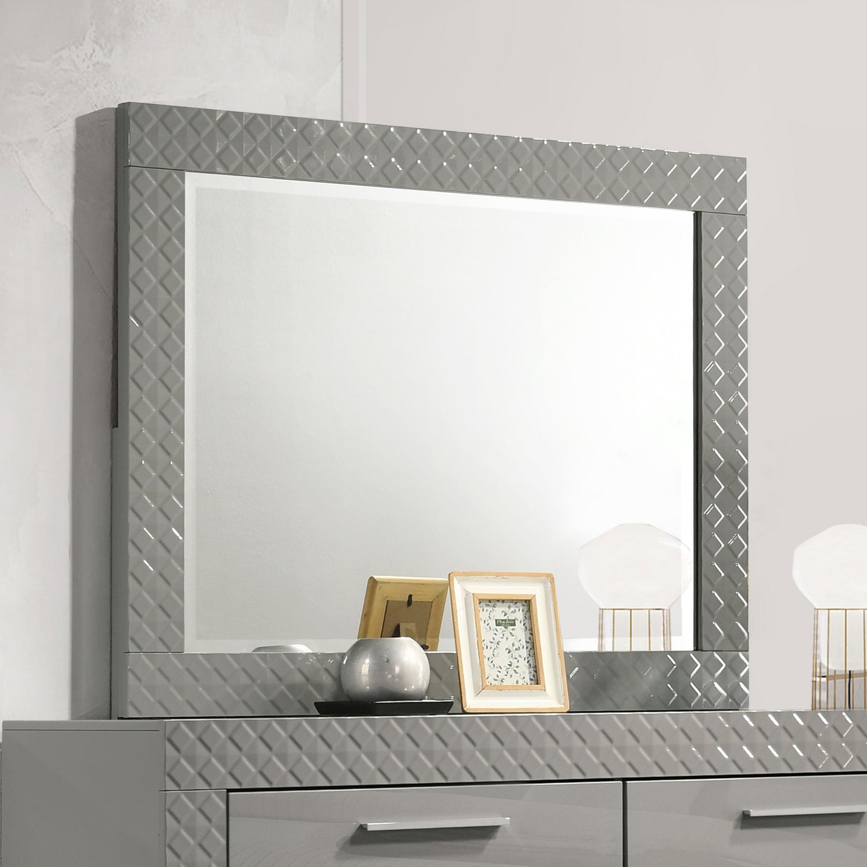 Side angle of Ives grey high gloss dresser mirror