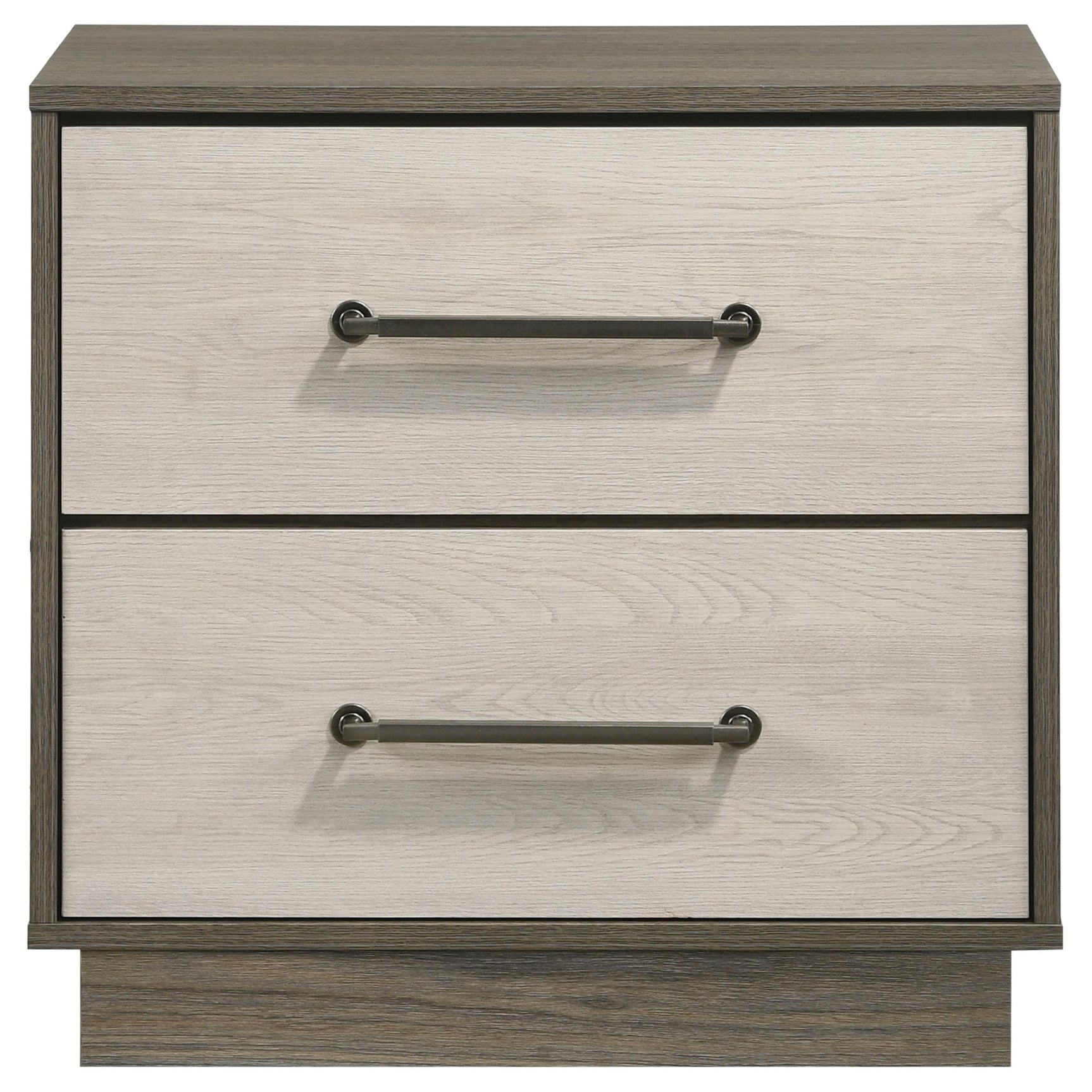 Side angle of Fenwick grey oak nightstand showing floating base design