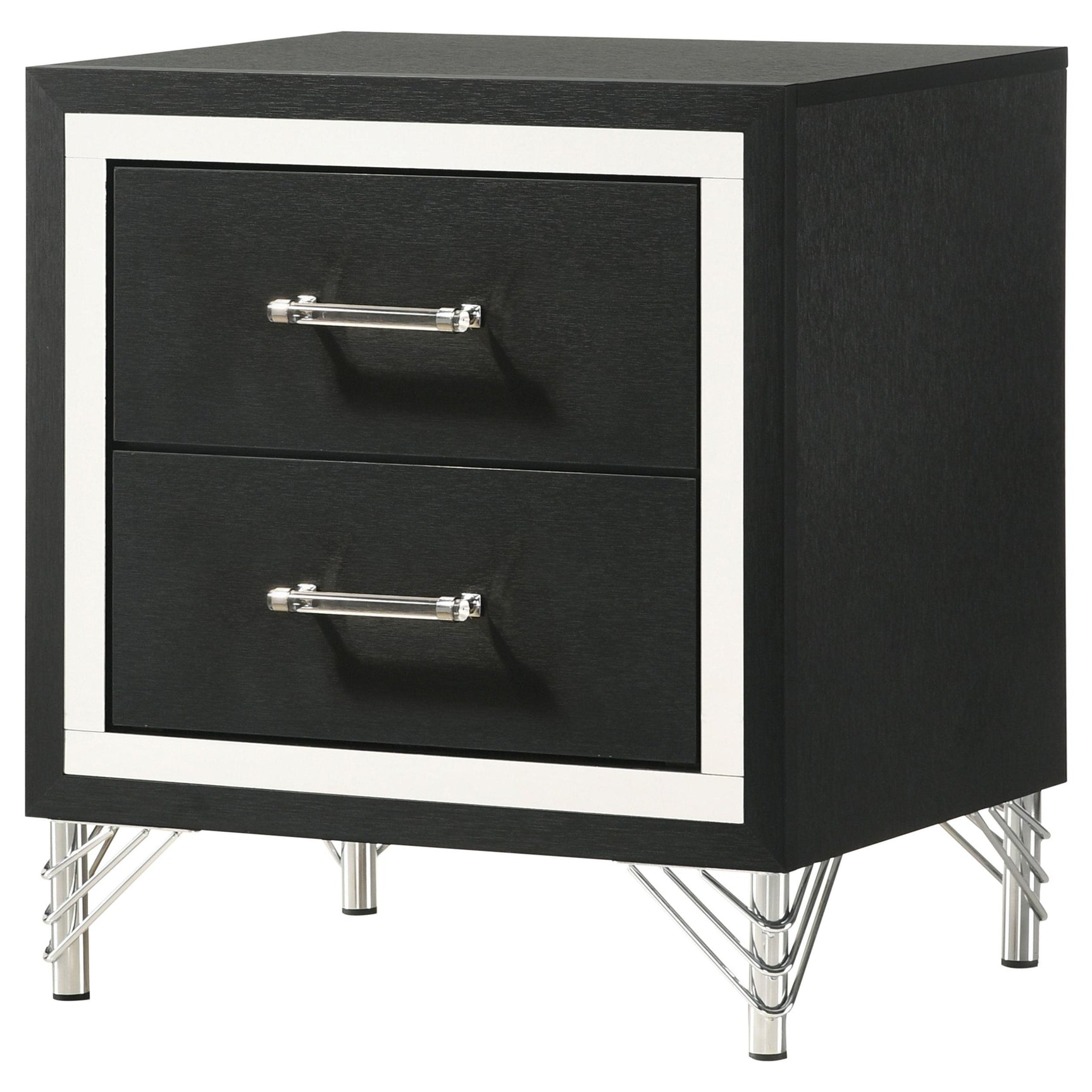Close-up of Lucia nightstand metal drawer glides